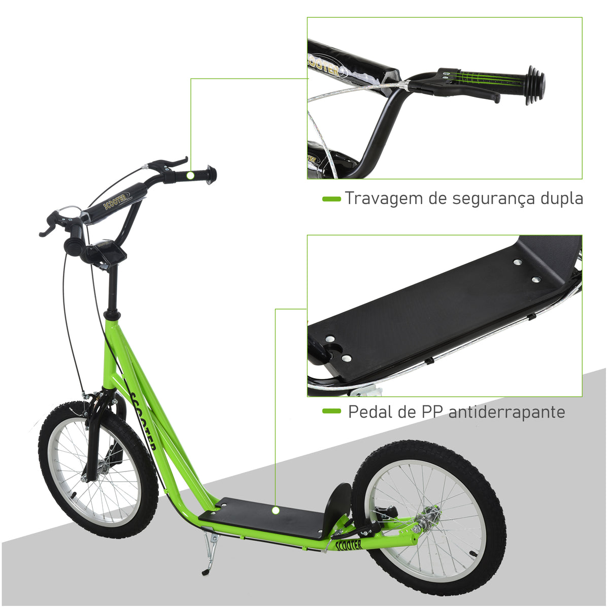 Trotinete para Crianças acima de 5 Anos e Adolescentes com Guiador Ajustável em Altura 2 Pneus de Borracha Insufláveis com Travagem Dupla e Rodas 16" Carga 100 kg 139x58x90-96 cm Verde — foto 7