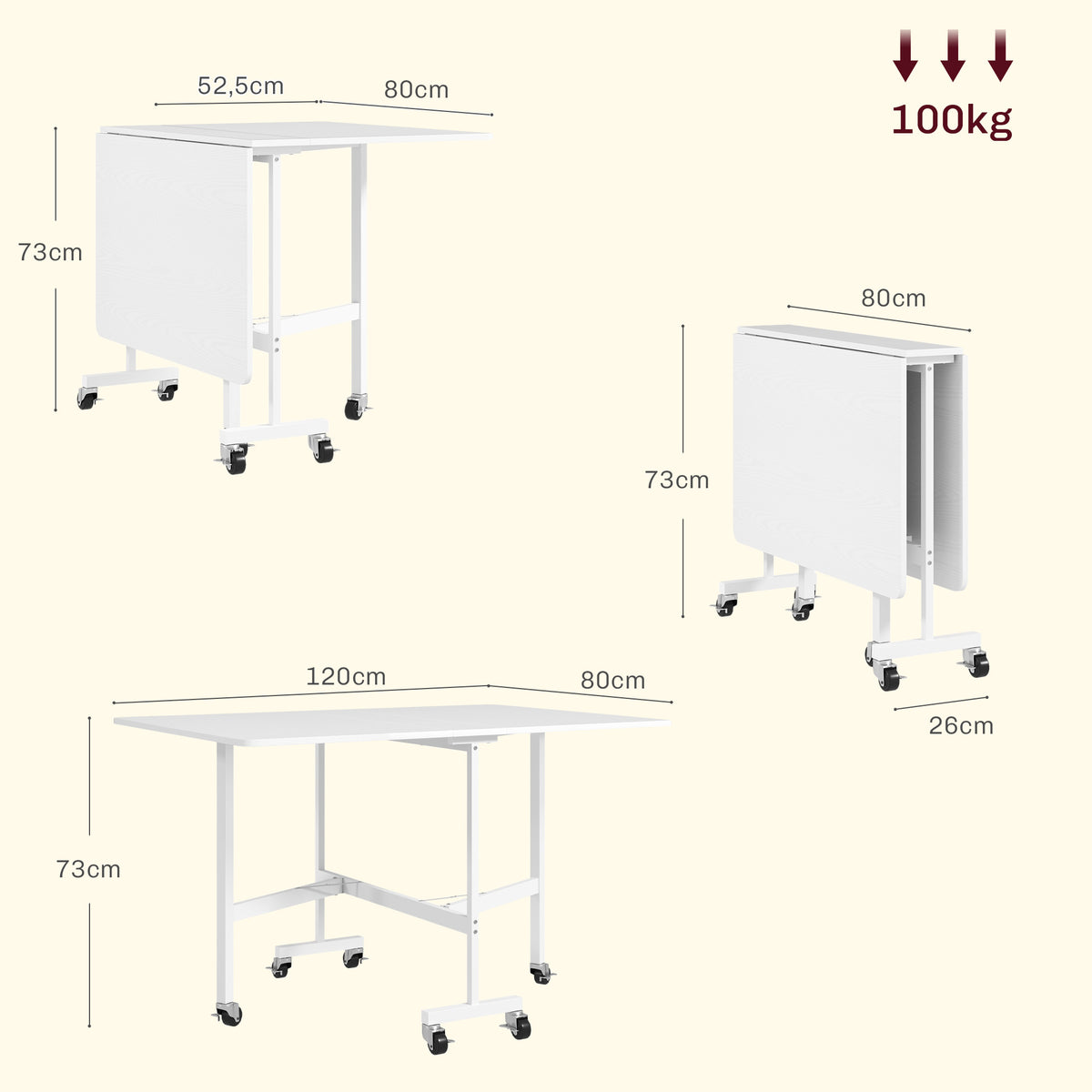 Mesa Dobrável de Cozinha para 4-6 Pessoas Mesa de Sala de Jantar Dobrável com Rodas e Laterais Dobráveis Mesa para Cozinha 120x80x73 cm Branco — foto 3