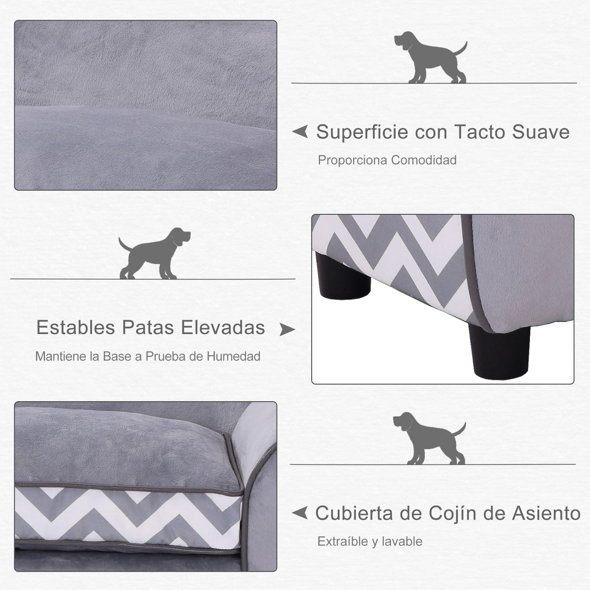 Sofá para animais de estimação com pernas Cama de cachorro de madeira com almofada acolchoada aconchegante e capa lavável 73,5x41x33 cm cinza — foto 6