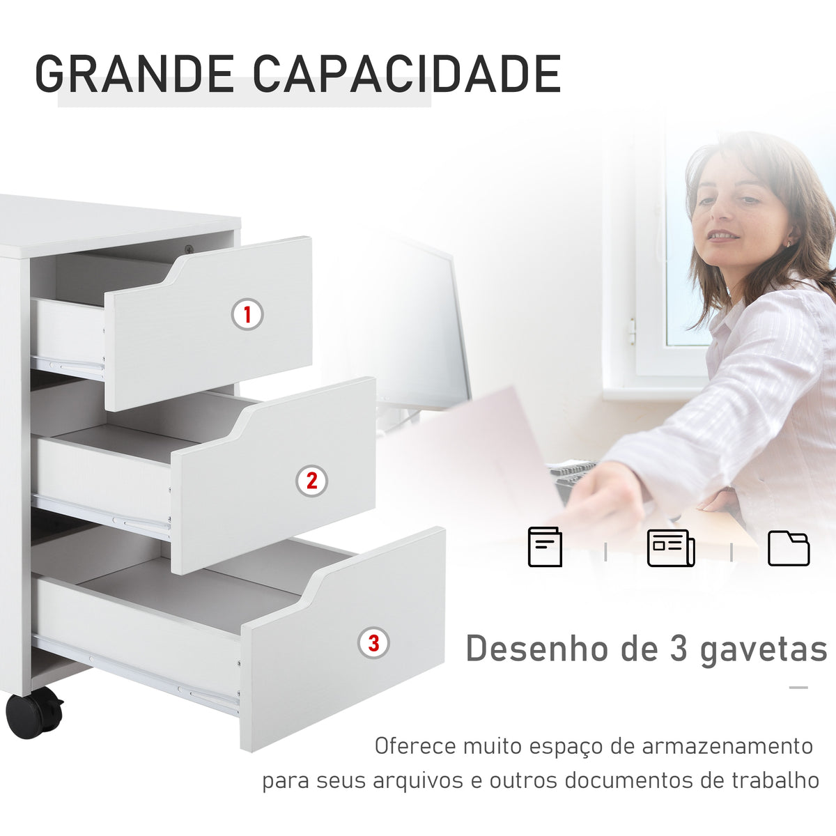 Bloco de Gavetas para Escritório Móvel de Escritório Bloco de Gavetas com 3 Gavetas e 4 Rodas 40x50x57,5 cm Branco — foto 4