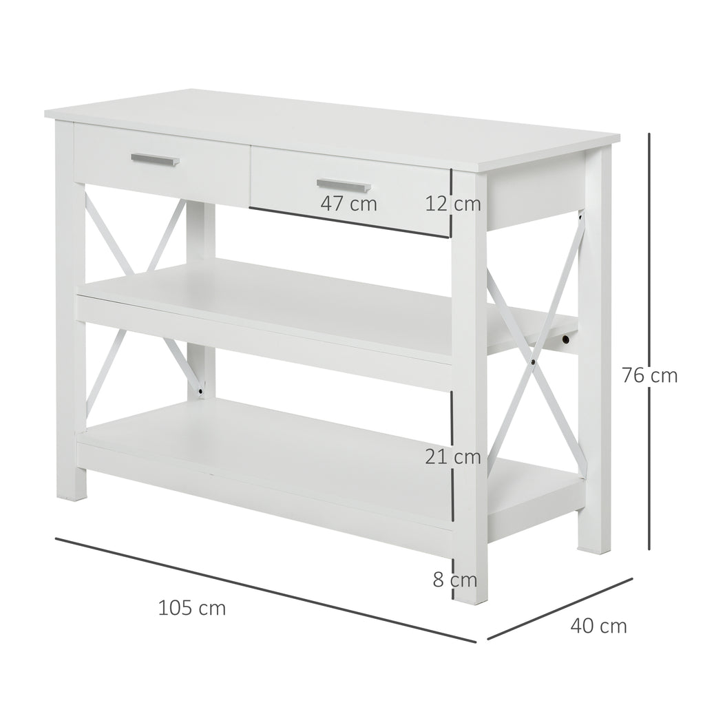 Mesa de console de estilo moderno com 2 gavetas e prateleiras inferiores 105x40x76 cm Branco — foto 3