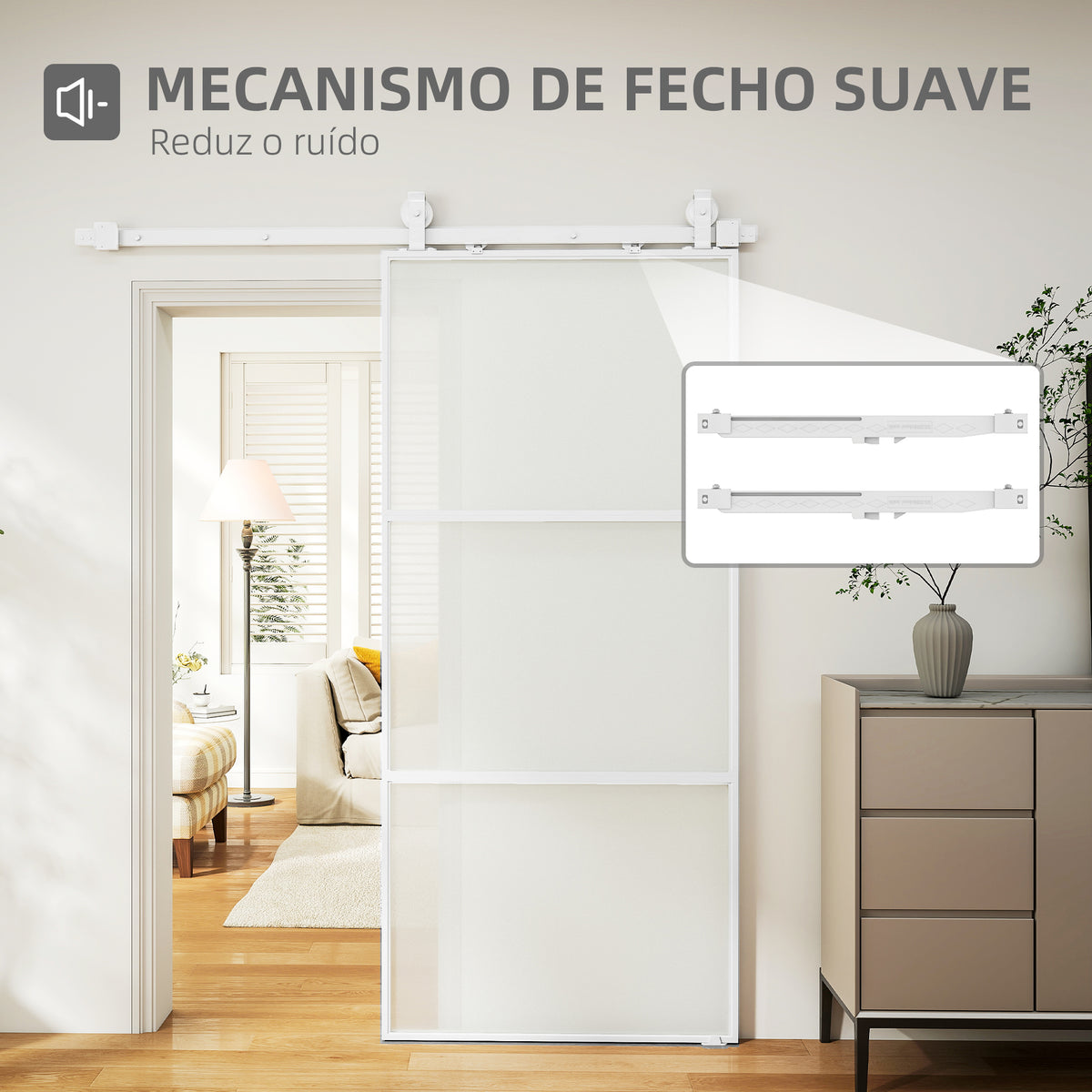 Porta de Correr com Acessórios Porta de Correr de Vidro com Mecanismo de Fecho Suave para Casa de Banho Sala de Estar Cozinha 91,4x203,2 cm Branco — foto 4