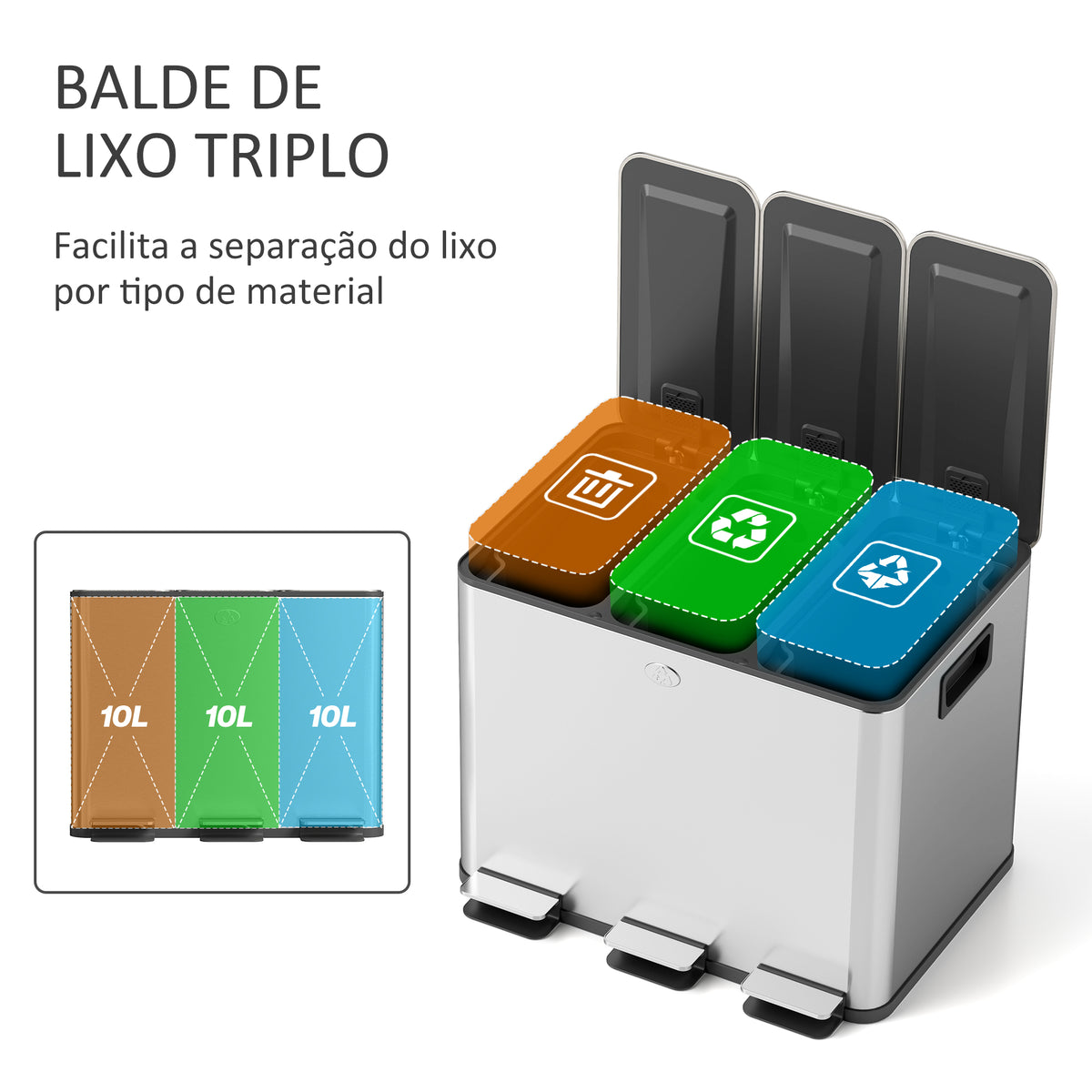 Balde de Lixo de Cozinha com 3 Compartimentos 3x10L Cubo de Lixo de Aço Inoxidável com Pedais Tampas com Fechamento Suave e Cubo Amovível para Escritório Cozinha 49,6x34,5x38,6 cm Prata — foto 4