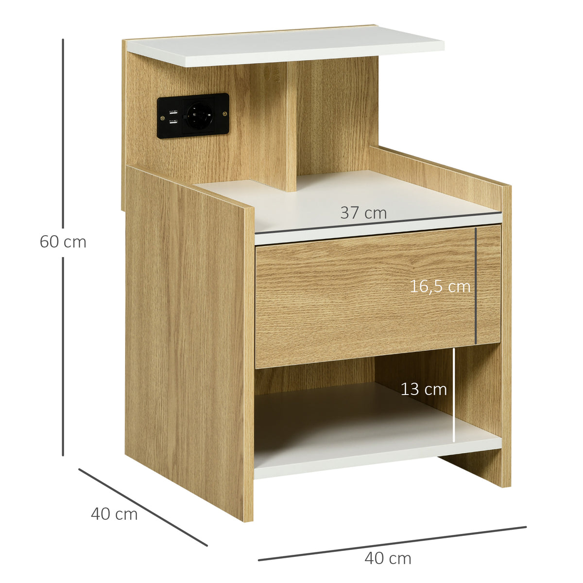 Mesa de Cabeceira Moderna Mesa de Cabeceira com Entrada USB Tomada Elétrica Gaveta e Prateleiras Mesa de Cabeceira para Dormitório 40x40x60 cm Madeira — foto 3