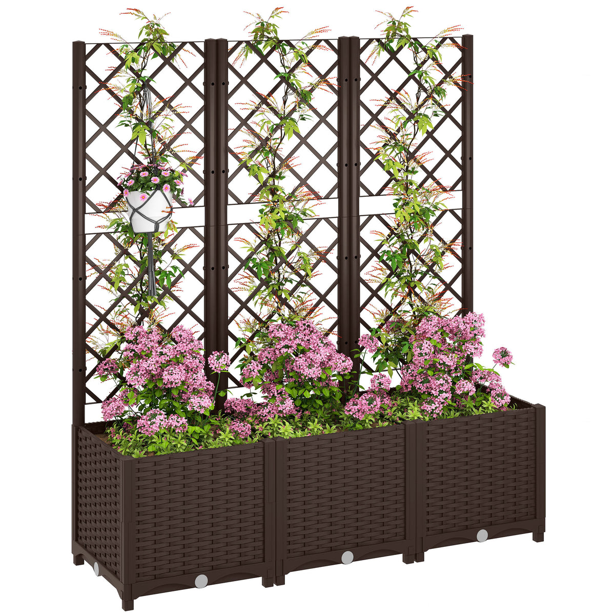 Floreira com Treliça de PP Floreira Exterior Grande com Drenagem e Amplo Espaço para Plantas Trepadoras Vaso com Suporte para Jardim Pátio Terraço 120x40x135 cm Marrom — foto 1
