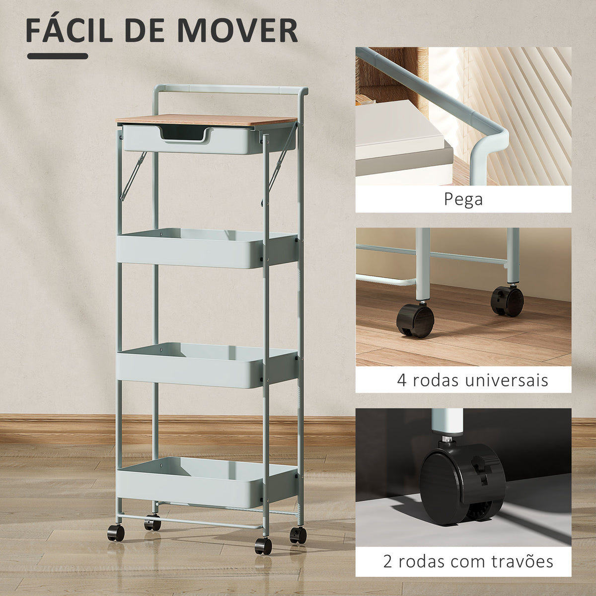 Carrinho Auxiliar com Rodas de 4 Níveis Carrinho de Cozinha com 1 Gaveta e 3 Cestos Carrinho Organizador para Dormitorio Sala Escritório 45x29,5x117,5 cm Verde — foto 5