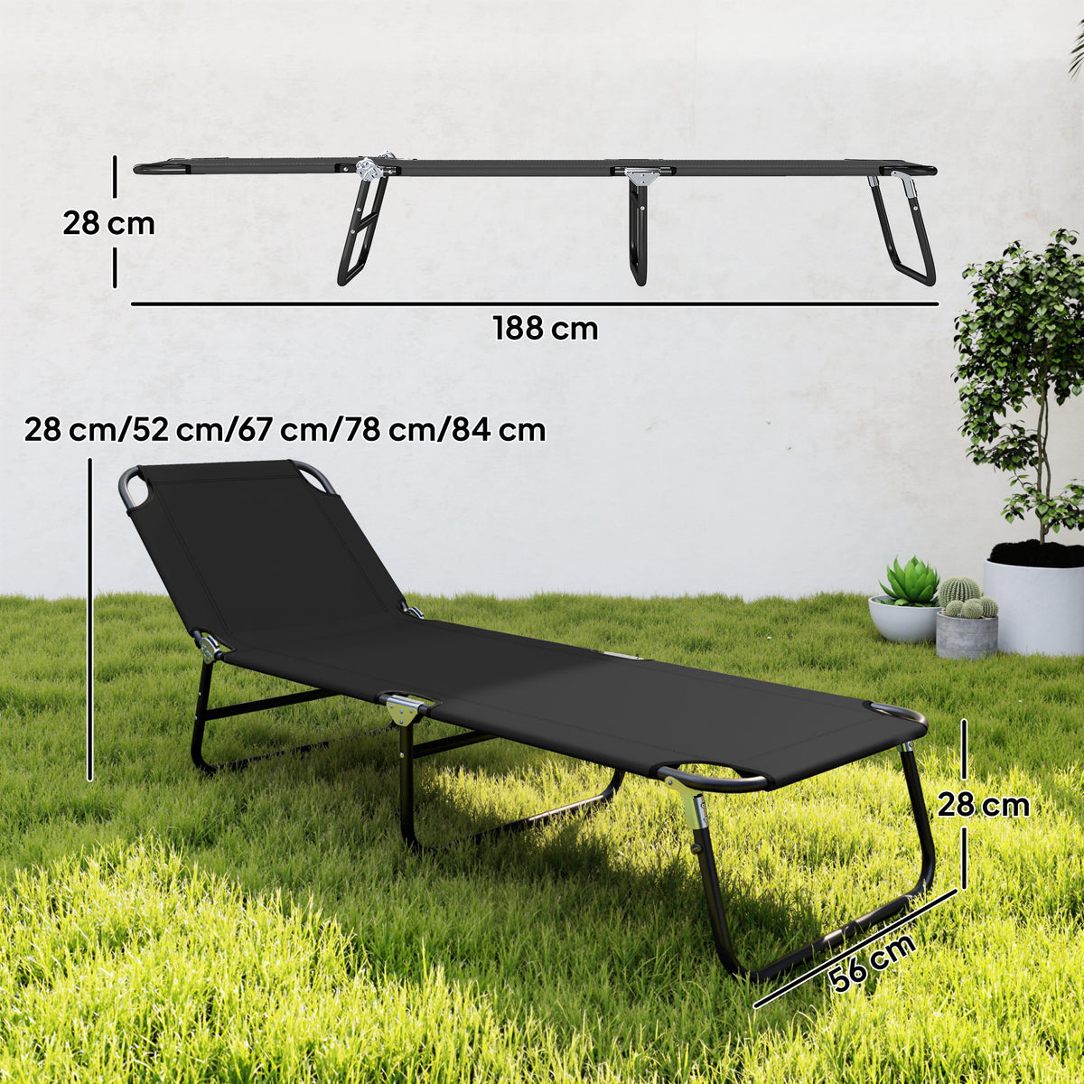 Espreguiçadeira Dobrável Reclinável com Ângulo Ajustável de 3 Posições para Exterior Carga 120 kg 188x56x28 cm Preto — foto 3