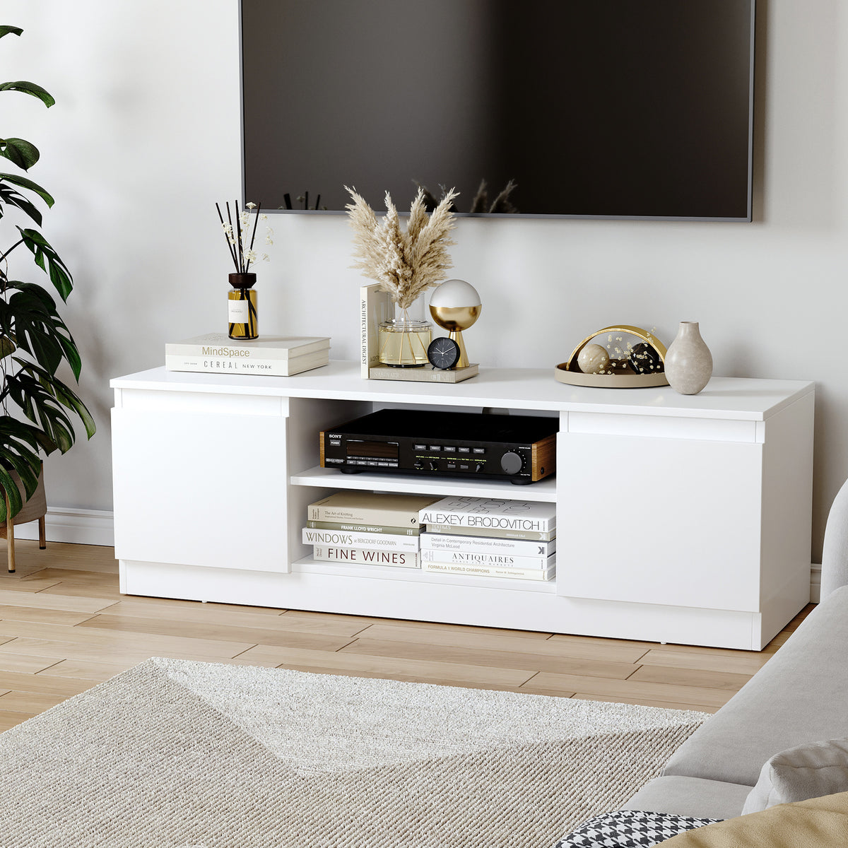 Móvel de TV Moderno Mesa de TV de Sala com 2 Portas 2 Prateleiras Abertas Móvel para Televisores de 55 Polegadas 120x39,5x40 cm Branco — foto 2