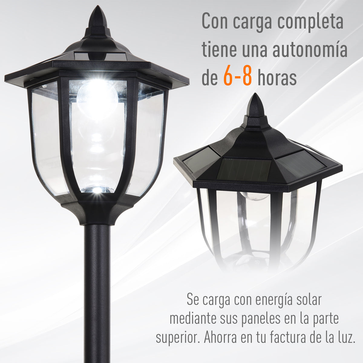 Candeeiro Solar com Painel Solar Candeeiro de Jardim com 6 LEDS Autonomia 6-8 horas Ø26x177 cm Preto — foto 5