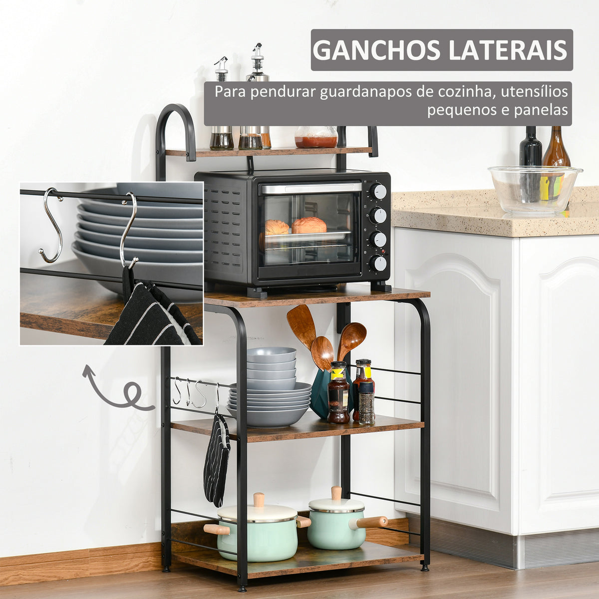 Estante de Cozinha Estante para Microondas com 4 Níveis Ganchos e Pés Ajustáveis Estante de Armazenamento 60x40x125 cm Marrom Rústico — foto 5