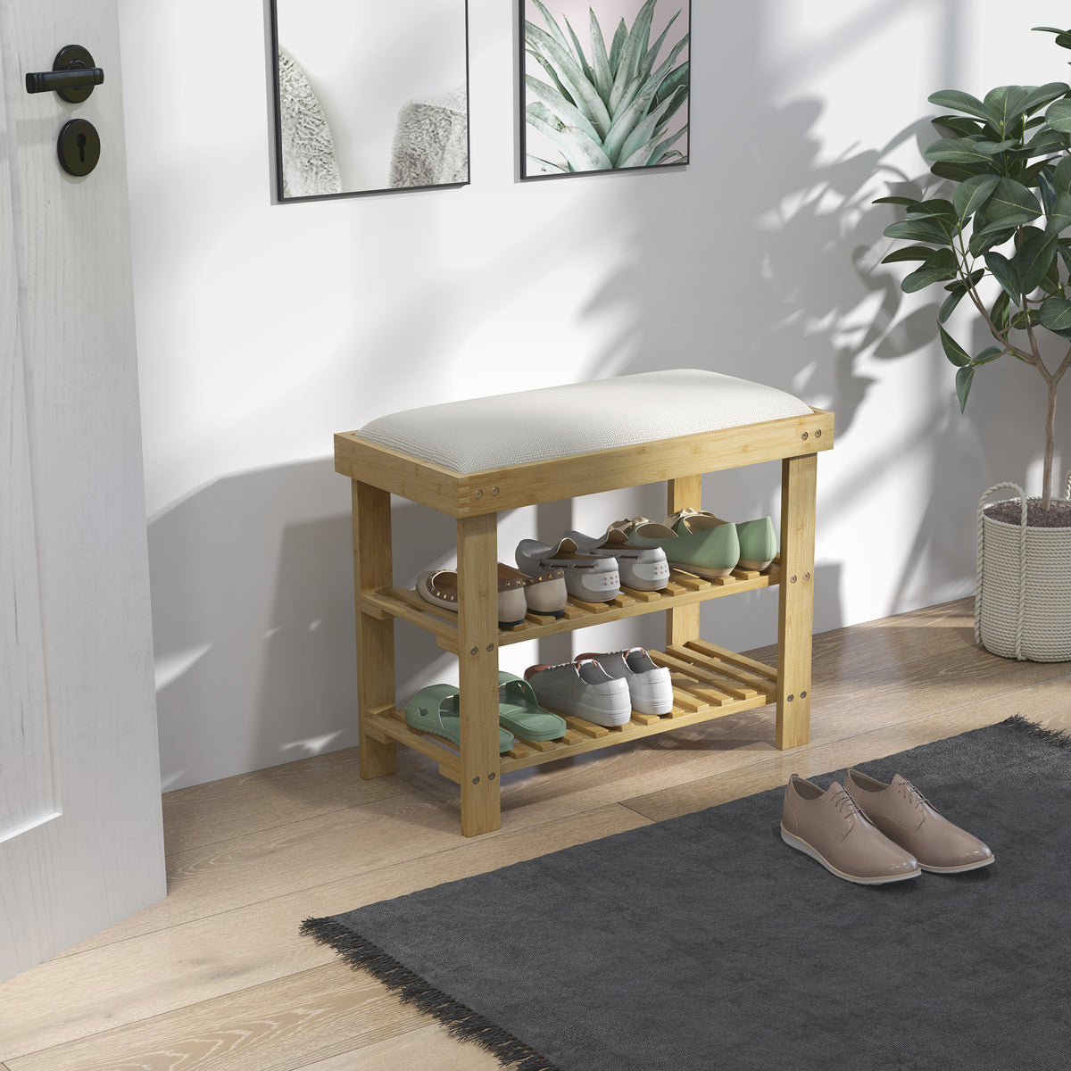 Banco Sapateira de Bambu Sapateira com Assento Almofadado 2 Prateleiras para 6 Pares de Sapatos para Entrada Dormitório 60x29x49 cm Madeira e Creme — foto 2