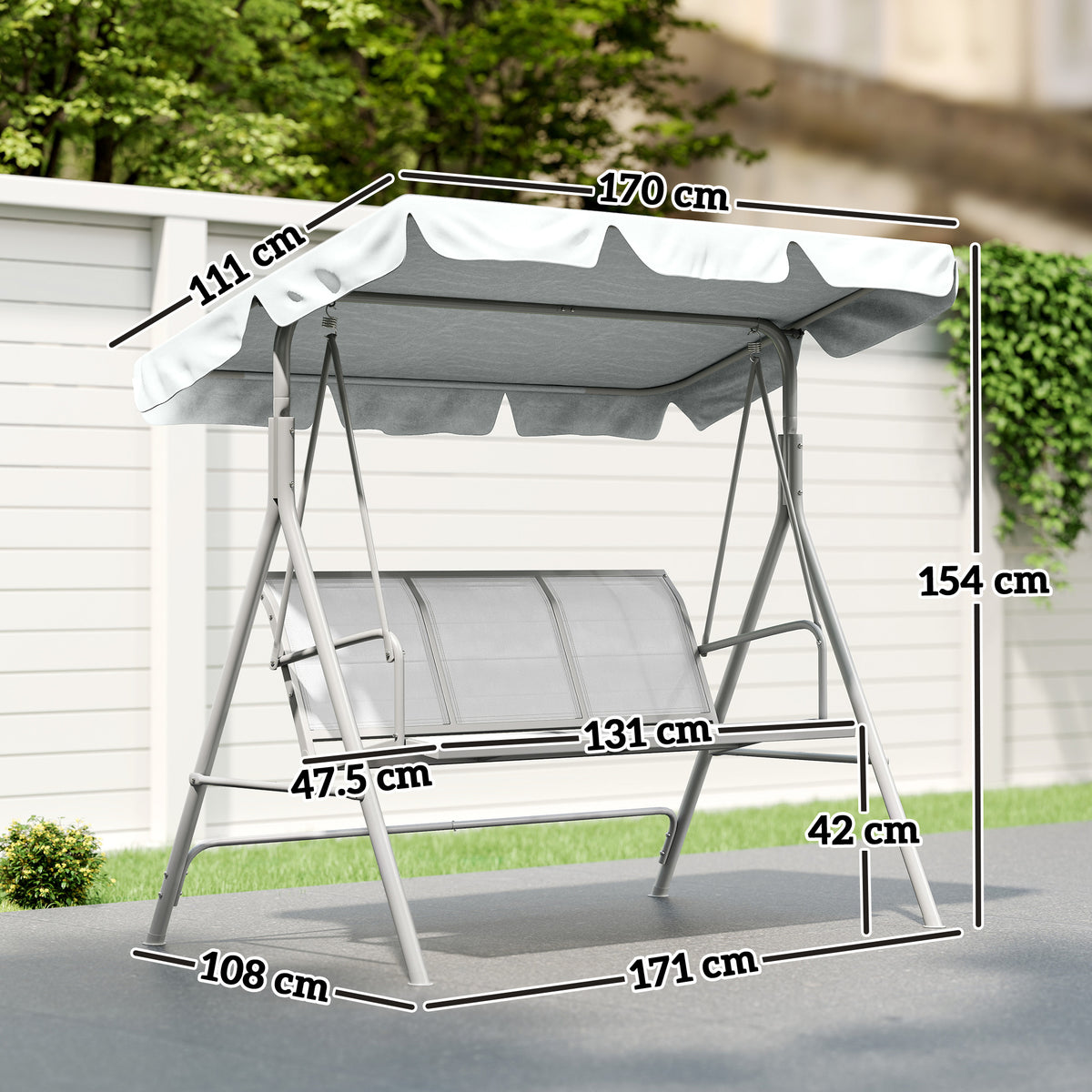 Baloiço Jardim de 3 Lugares com Toldo Ajustável Encosto Respirável e Estrutura de Metal para Terraço Balcão Exterior Carga 240kg 171x108x154cm Cinza — foto 3