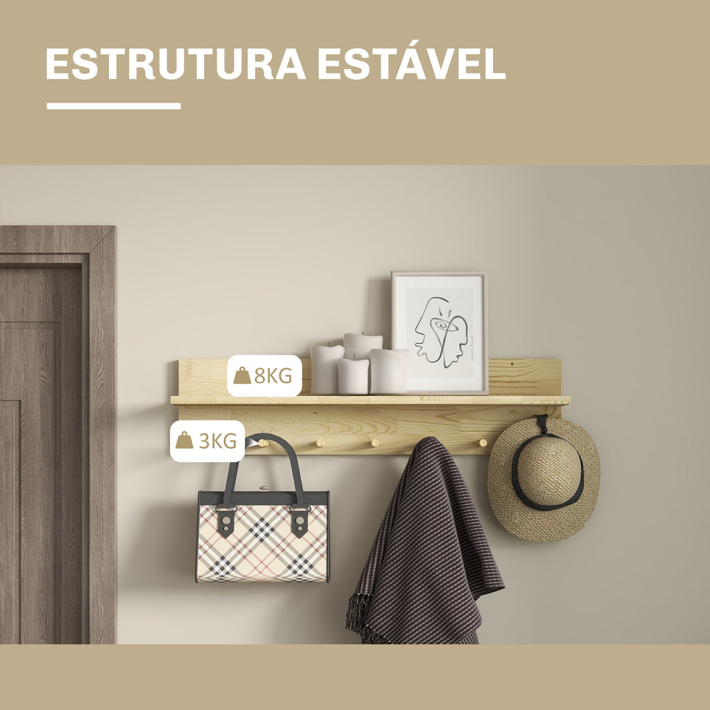 Móvel Cabide de Entrada com 7 Ganchos Prateleira de Armazenamento para Chaves Roupas Bolsas para Entrada Corredor Quarto 80x12x20 cm Natural — foto 5