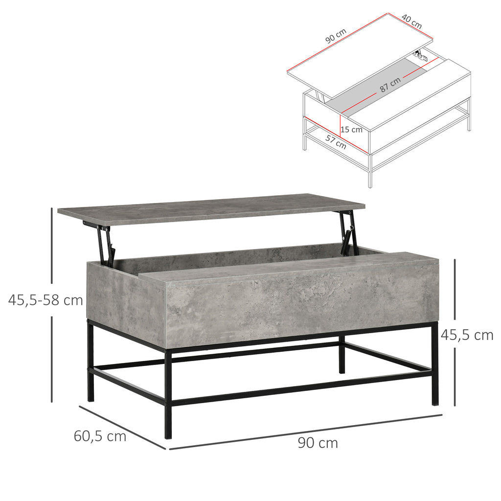Mesa de Centro Elevável Mesa de Café Versátil com Armazenamento Oculto Pés de Metal para Sala de Estar Sala de Jantar 90x60,5x45,5 cm Cinzento e Preto — foto 3
