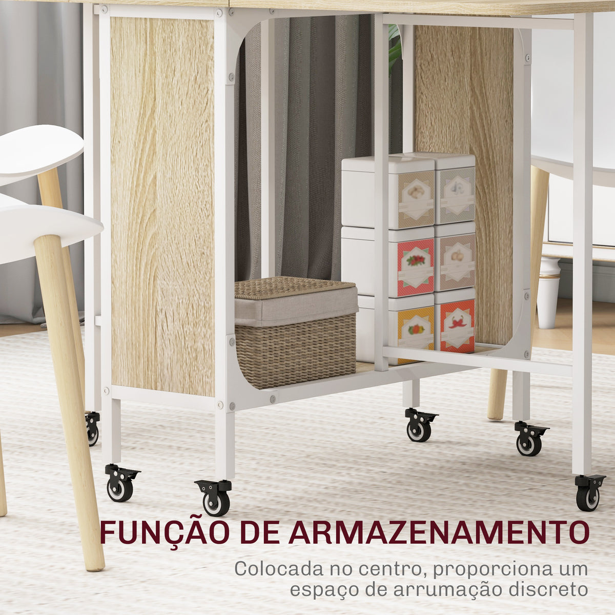 HOMOM Mesa de Cozinha Dobrável Mesa de Refeição Dobrável com Rodas Laterais Abatíveis e Prateleira Mesa Dobrável para Sala de Jantar 130x80x74 cm Madeira e Branco — foto 5