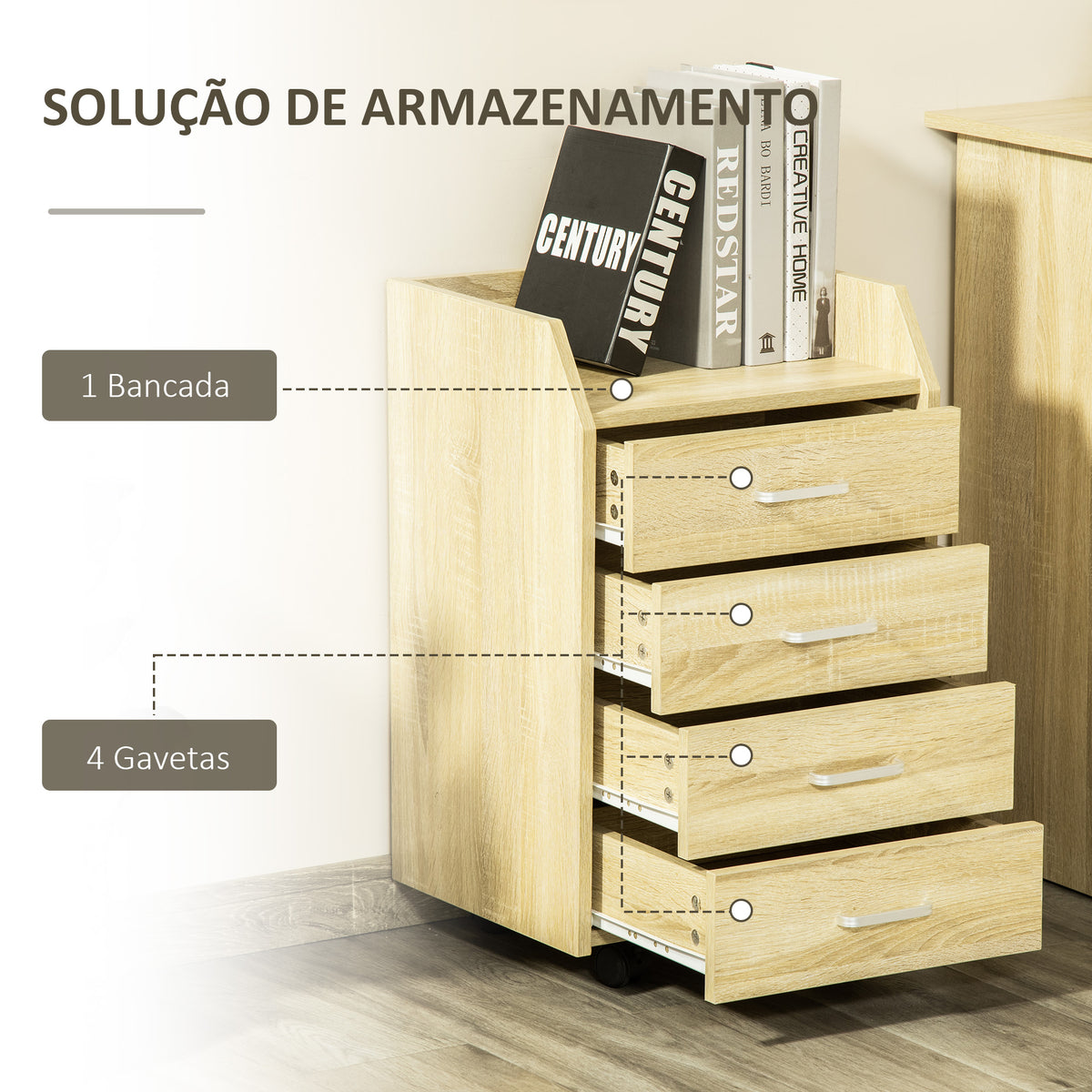 Bloco de Gavetas Móvel Auxiliar com 4 Gavetas Bancada Superior de Armazenamento 4 Rodas e 2 Freios para Estúdio Escritório 40x36x65cm Carvalho — foto 4
