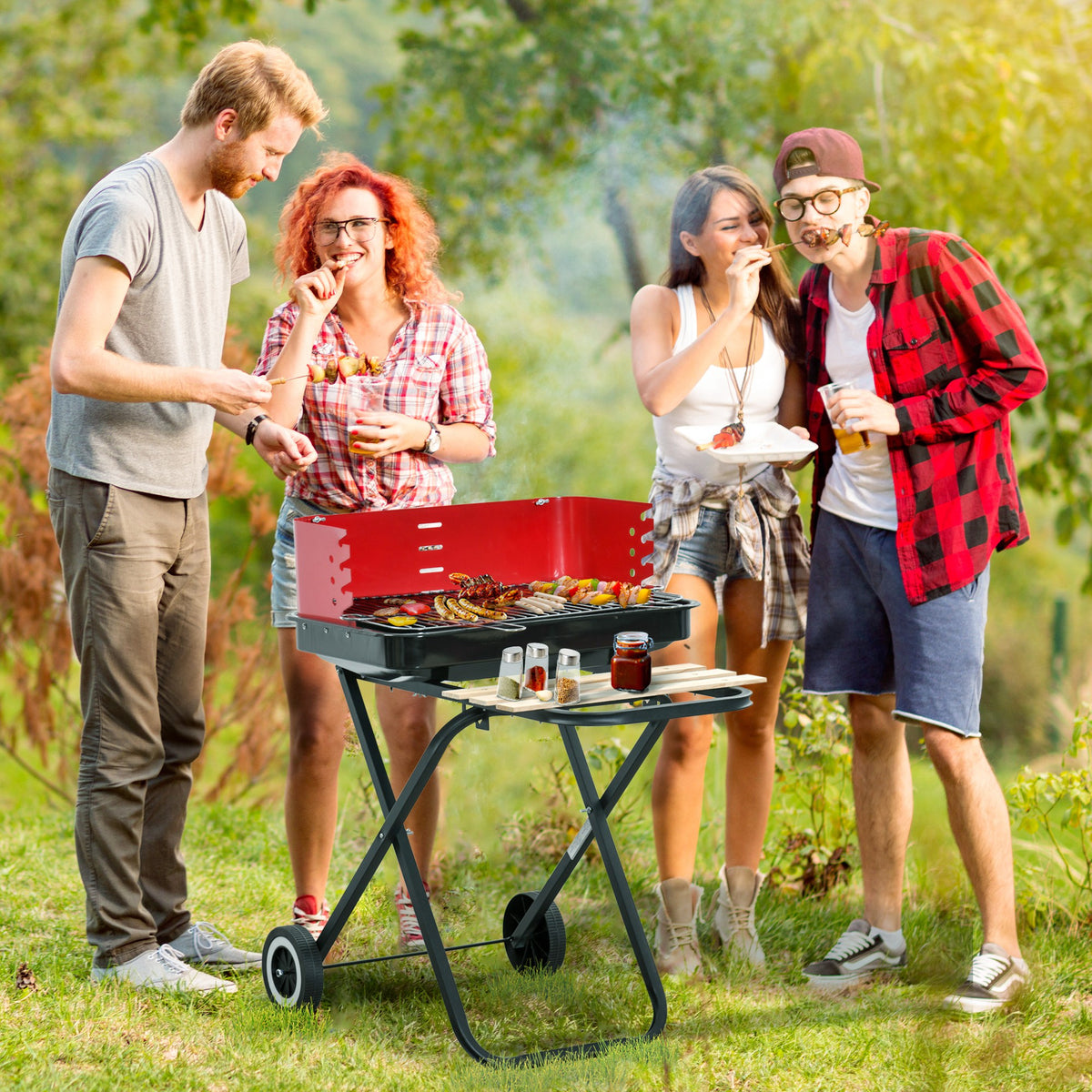 Churrasqueira a carvão portátil e dobrável com 2 rodas Churrasqueira com Altura Ajustável para Camping Picnic Beach 57x64x83 cm Vermelho e Preto — foto 2