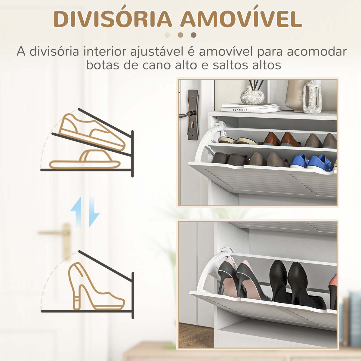 Sapateira Moderna Sapateira Entrada com 2 Gavetas Rebatíveis e Prateleias Ajustáveis para 16 Pares de Sapatos Sapateira Compacta para Corredor 81,5x25x83 cm Branco — foto 6