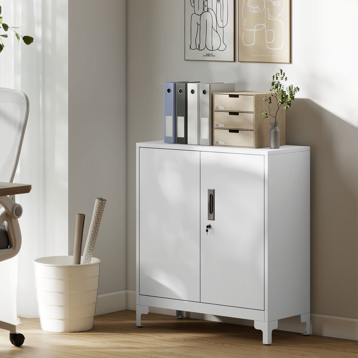 Armário de Arrumação Metálico Armário de Escritório com 2 Portas Fecho Prateleira Fácil Montagem Arquivador para Escritório Estudo Garagem Sala de Estar 80x35x91 cm Branco — foto 2