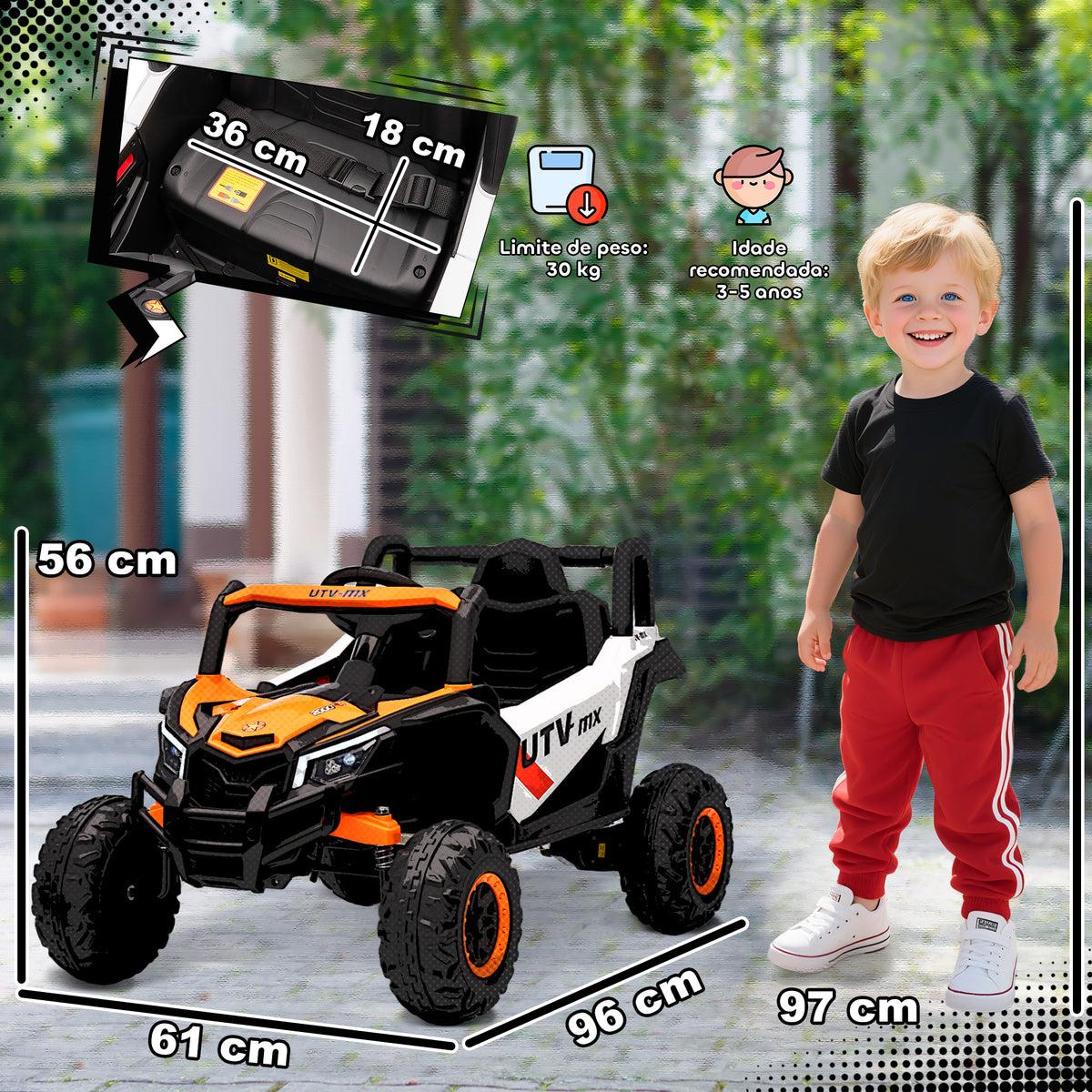 Carro Elétrico para Crianças 12V UTV com 2 Motores Controlo Remoto 2,4G Velocidade até 7 km/h Sistema de Suspensão Faróis USB para Crianças acima de 3 Anos 96x61x56 cm Laranja — foto 3