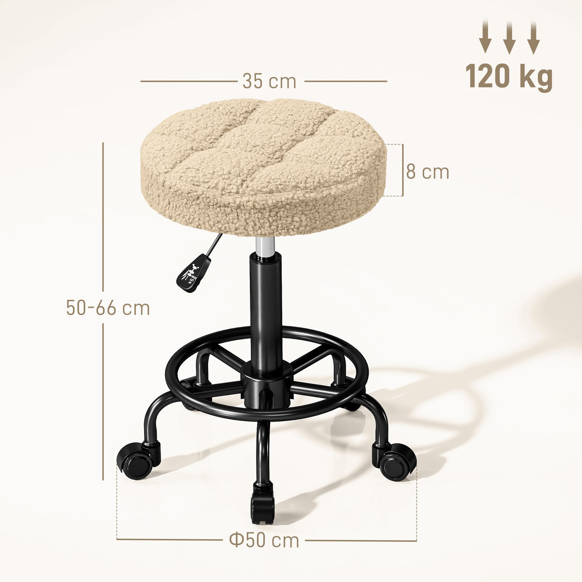 Banco Giratório Redondo Banco com Rodas Altura Regulável 50-66 cm Assento Estofado em Tecido tipo Borreguito para Salões Oficinas Spa Massagem Marrom Claro — foto 3