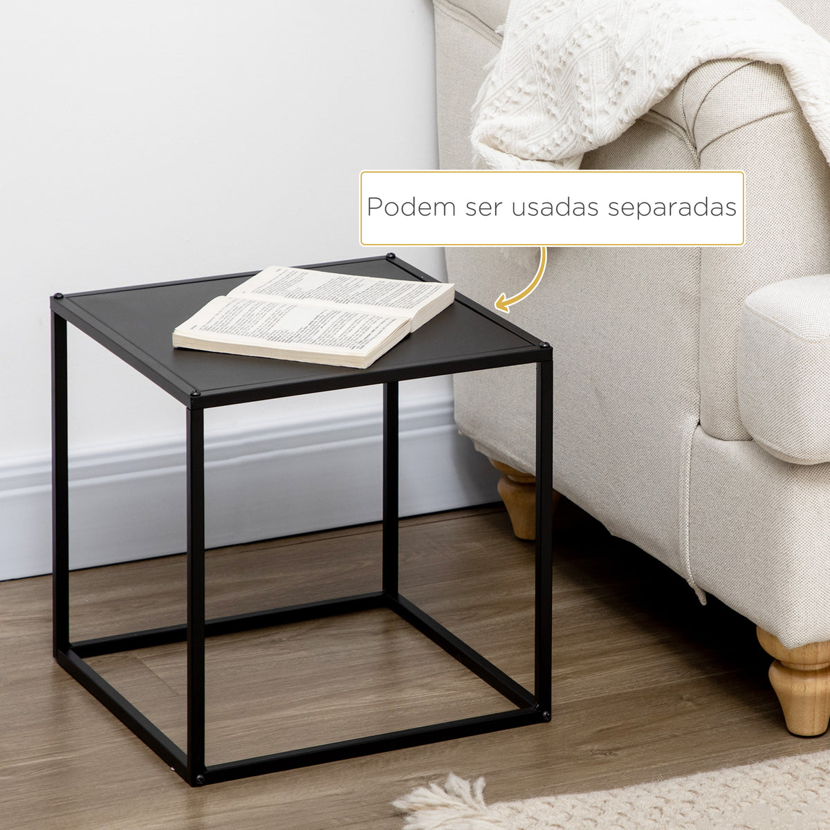 Conjunto de 2 Mesas Mesas de Centro Quadradas para Sala de Estar Estrutura de Aço para Quarto e Escritório Grande 40 cm Pequena 35 cm Branco — foto 5
