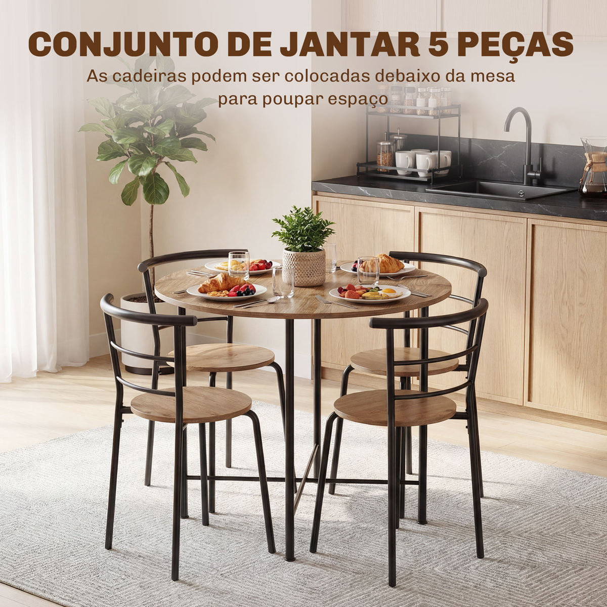 Conjunto de Mesa e Cadeiras de Jantar Compacto, Mesa Redonda com 4 Cadeiras, Estilo Industrial, Estrutura Metálica, Ideal para Espaços Pequenos, Sala de Jantar, Mesa Ø85x76 cm, Natural — foto 4