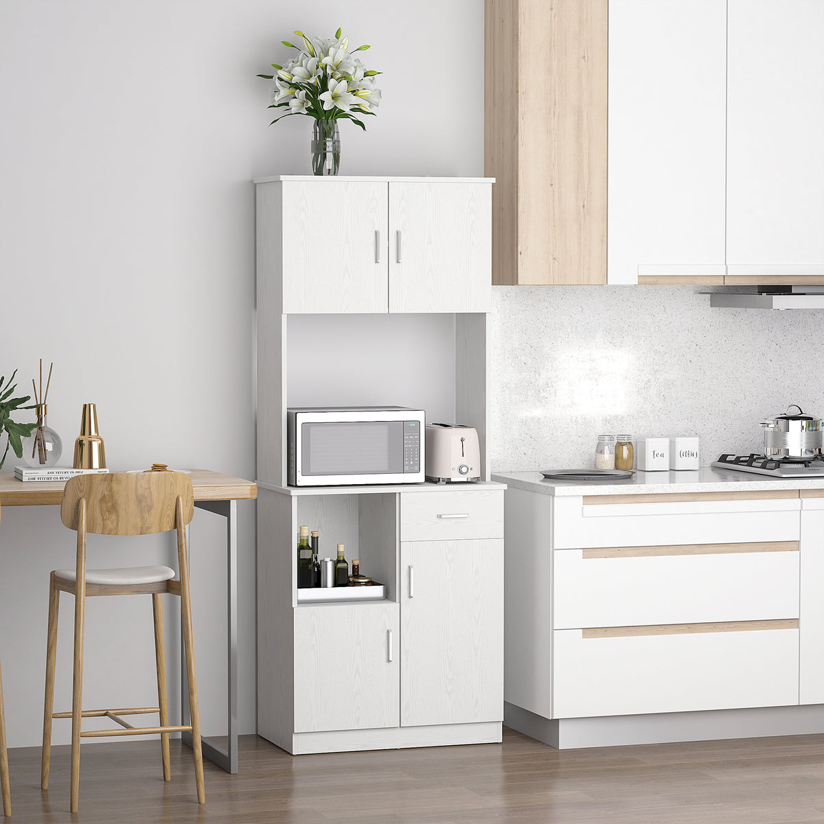 Armário de Cozinha Armário Alto de Cozinha com Gaveta Prateleira Aberta e 3 Armários com Prateleira Ajustável para Sala de Jantar Sala de Estar 71x71x178 cm Branco — foto 2