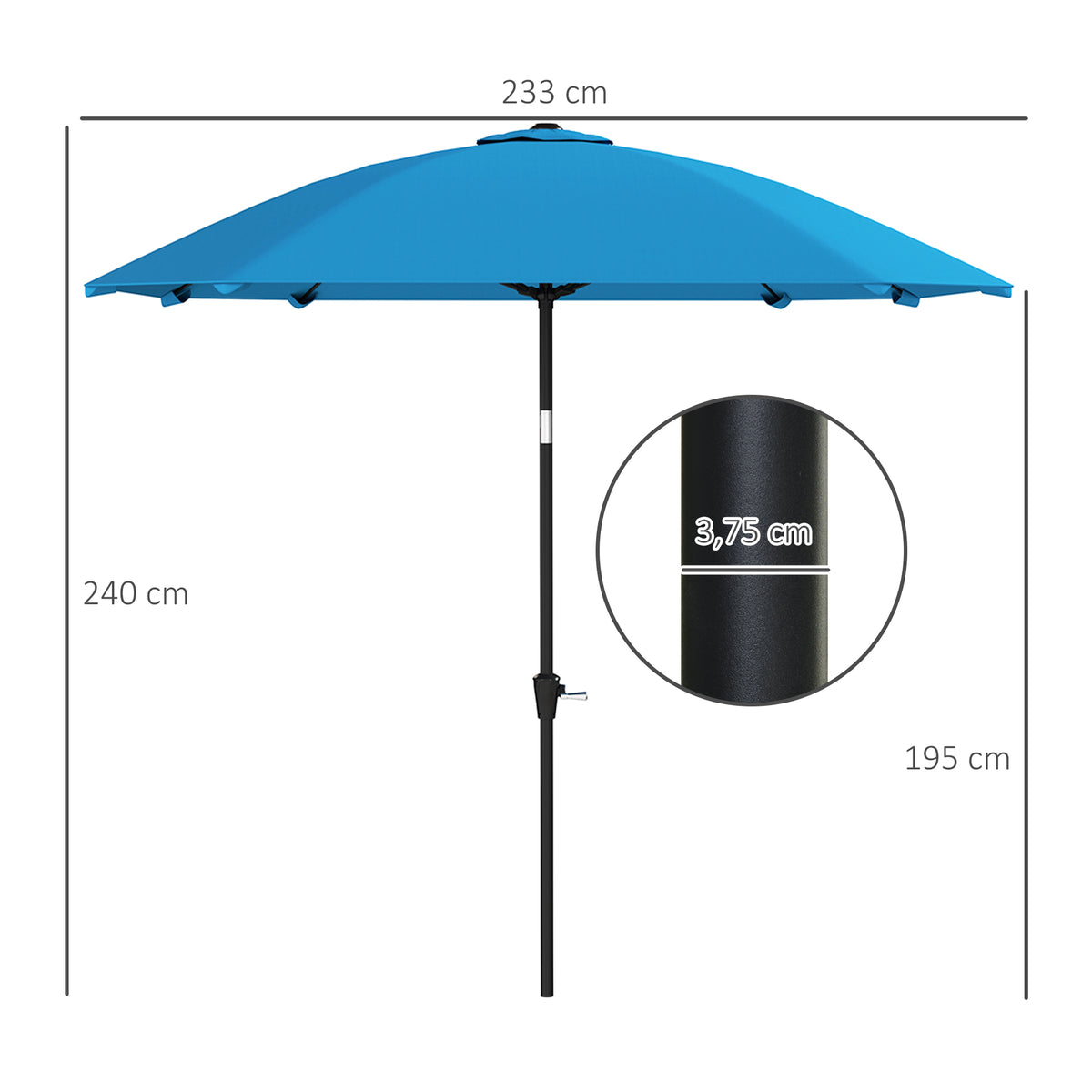 Chapéu de Sol de Exterior 233x233 cm Chapéu de Sol de Jardim com Ângulo Ajustável Impermeável Mastro de Alumínio Varas de Fibra de Vidro e Manivela Azul — foto 3