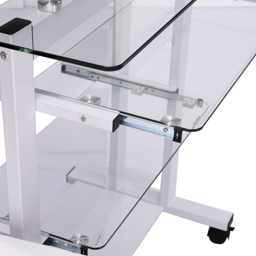 Secretária com Rodas Mesa para Computador com Bancada e Prateleiras de Cristal para Dormitório Escritório 80x51x83cm Branco — foto 6