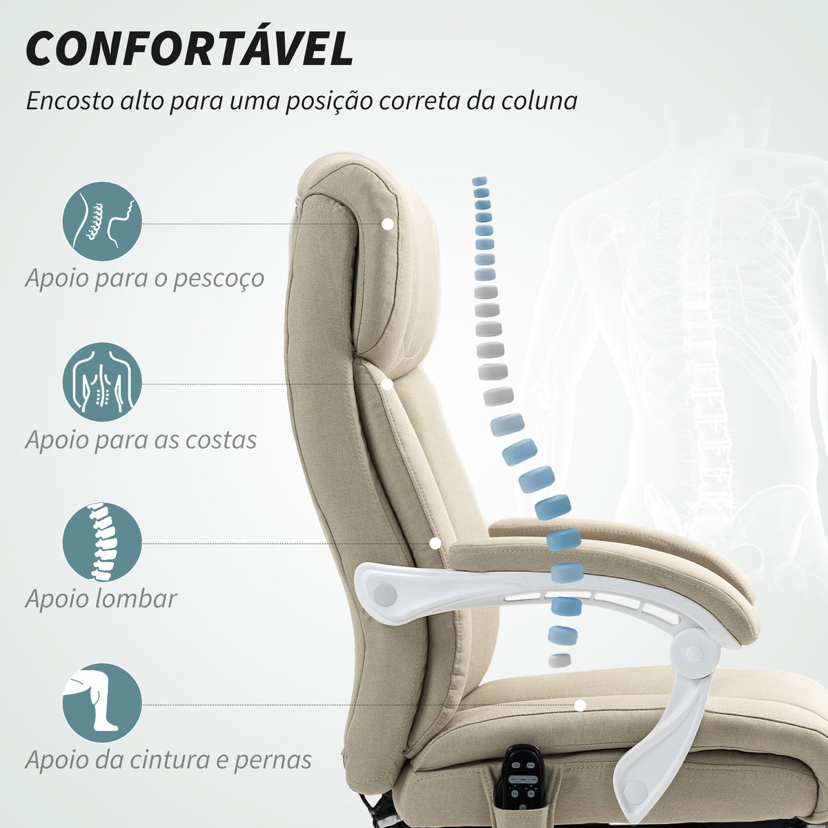 Cadeira de Escritório com Massagem Reclinável Cadeira Giratória com Altura Ajustável Função de Aquecimento Apoio para Pés Encosto Alto e Controlo Remoto para Estudo 66x70x112-120 cm Bege — foto 5