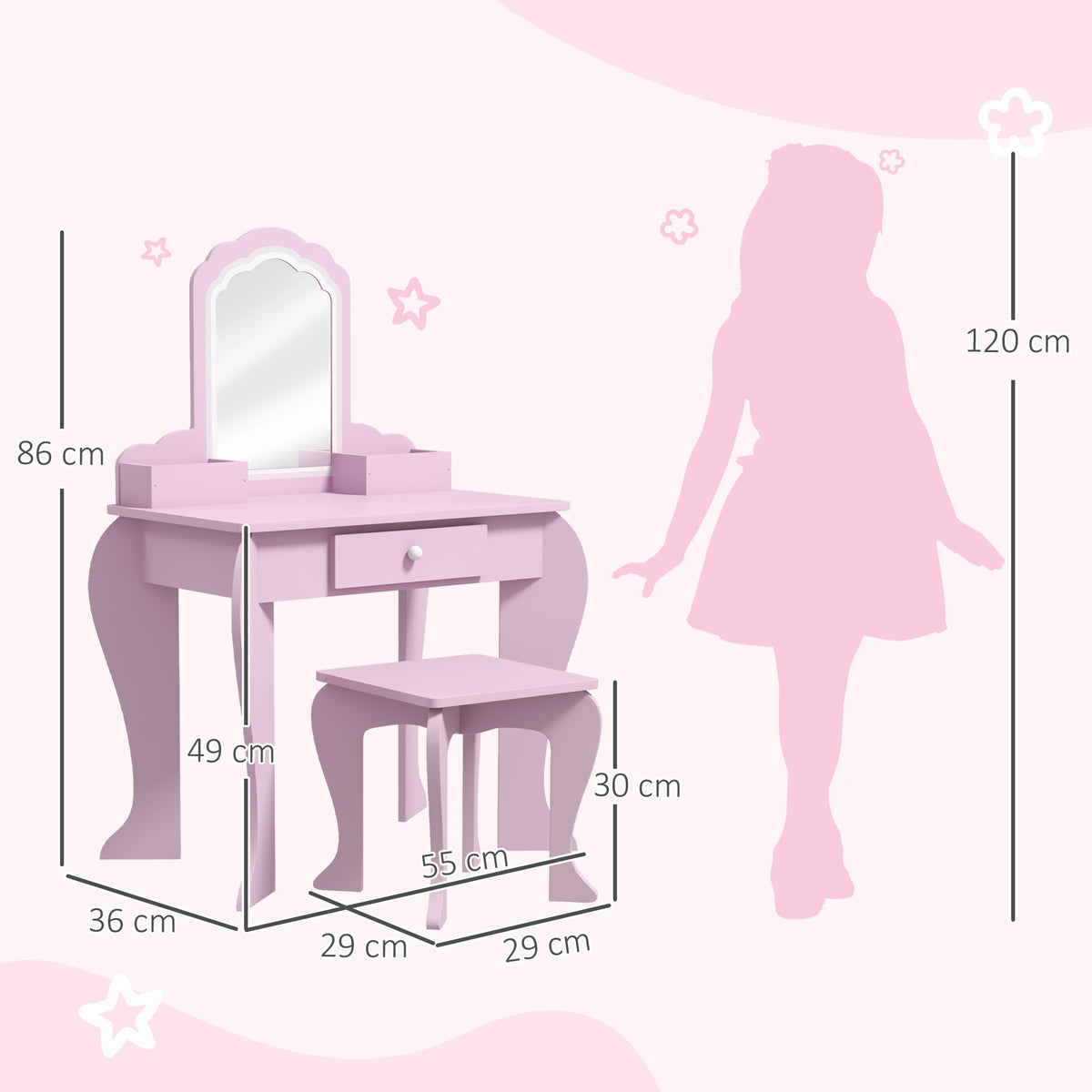 Toucador Infantil para Meninas e Meninos acima de 3 Anos Toucador de Maquilhagem com Banco e Espelho Toucador para Meninas com Gaveta e Caixas de Arrumação em Forma de Nuvem Rosa — foto 3