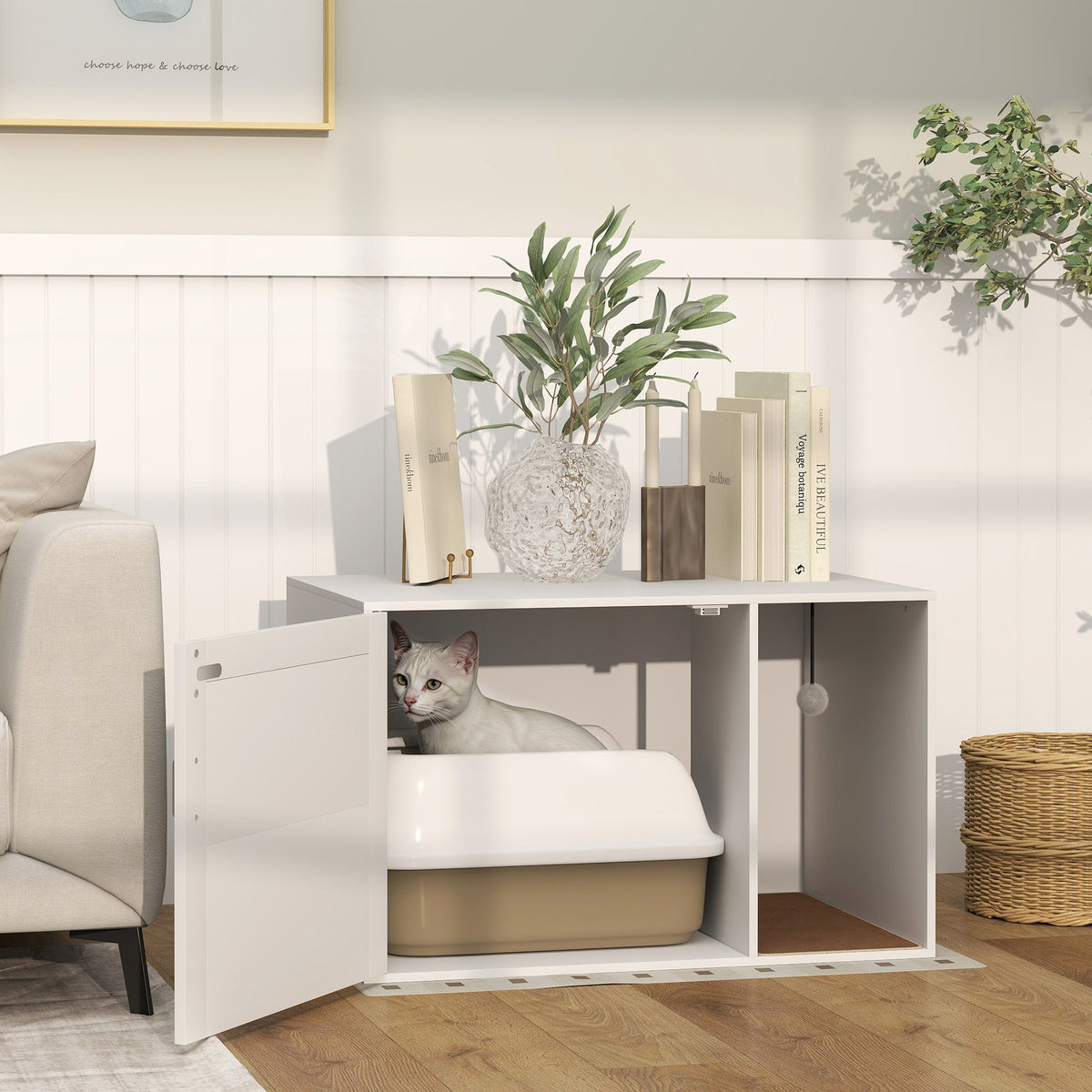 Móvel Caixa de Areia para Gatos Caixa de Areia para Gatos com Tapete de Arranhar e Porta de Vime Móvel Auxiliar com Caixa de Areia para Gatos para Sala de Estar 80x50x50 cm Branco - Modelo 1 — foto 2