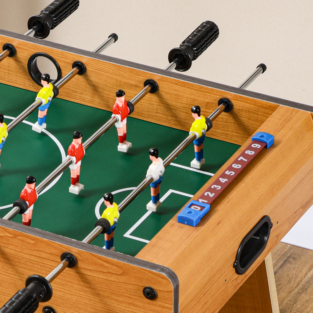 Mesa de Matraquilho para Crianças e Adultos Matraquilho 69x37x70cm com 2 Bolas 6 Hastes Metálicas 2 Placares de Pontos 18 Jogadores Pés Dobrável para Familias Festas Madeira — foto 7