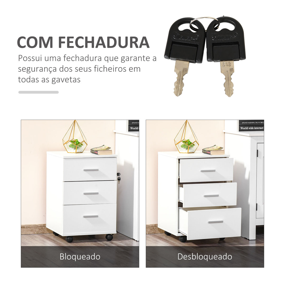 Bloco de Gavetas para Escritório Móvel de Arquivos com 3 Gavetas 4 Rodas e Fechadura com 2 Chaves para Escritório Secretária Casa 40x40x61,5 cm Branco — foto 4