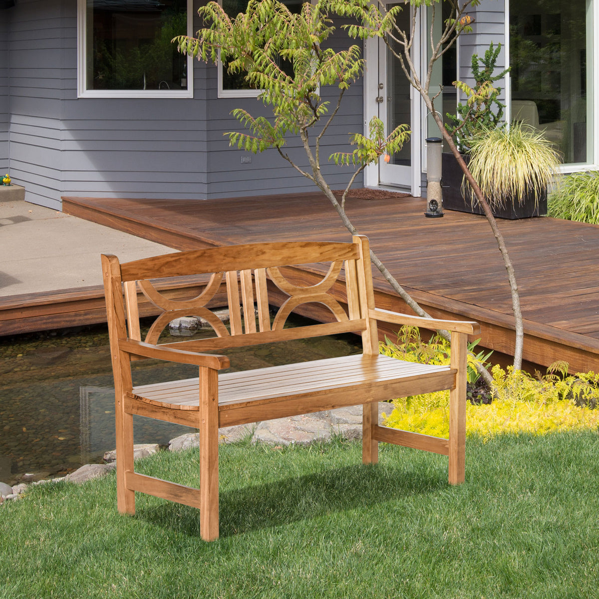 Banco de Madeira Exterior de 2 Lugares 123x61x89,5cm Banco de Jardim com Encosto Decorativo e Apoio para os Braços para Terraço Varanda Pátio Carga 250kg Natural — foto 2