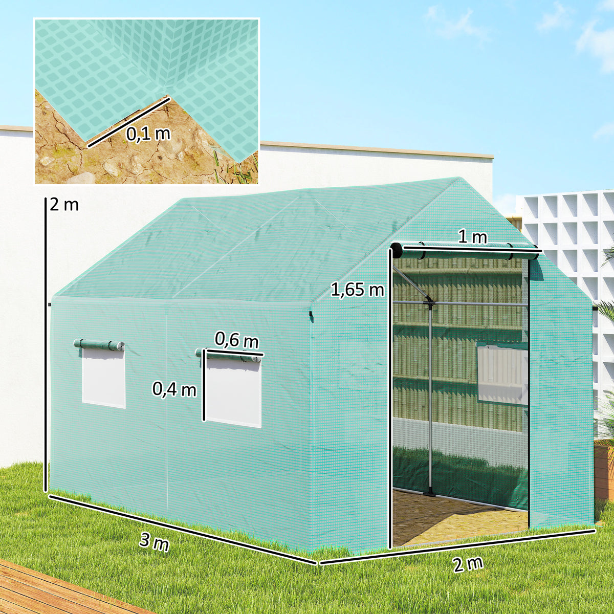Estufa tipo Túnel 2x3x2 m Estufa de Exterior com 4 Janelas de Malha e Porta com Fecho de Correr Estufa para Cultivos Anti UV para Pátio Jardim Verde — foto 3