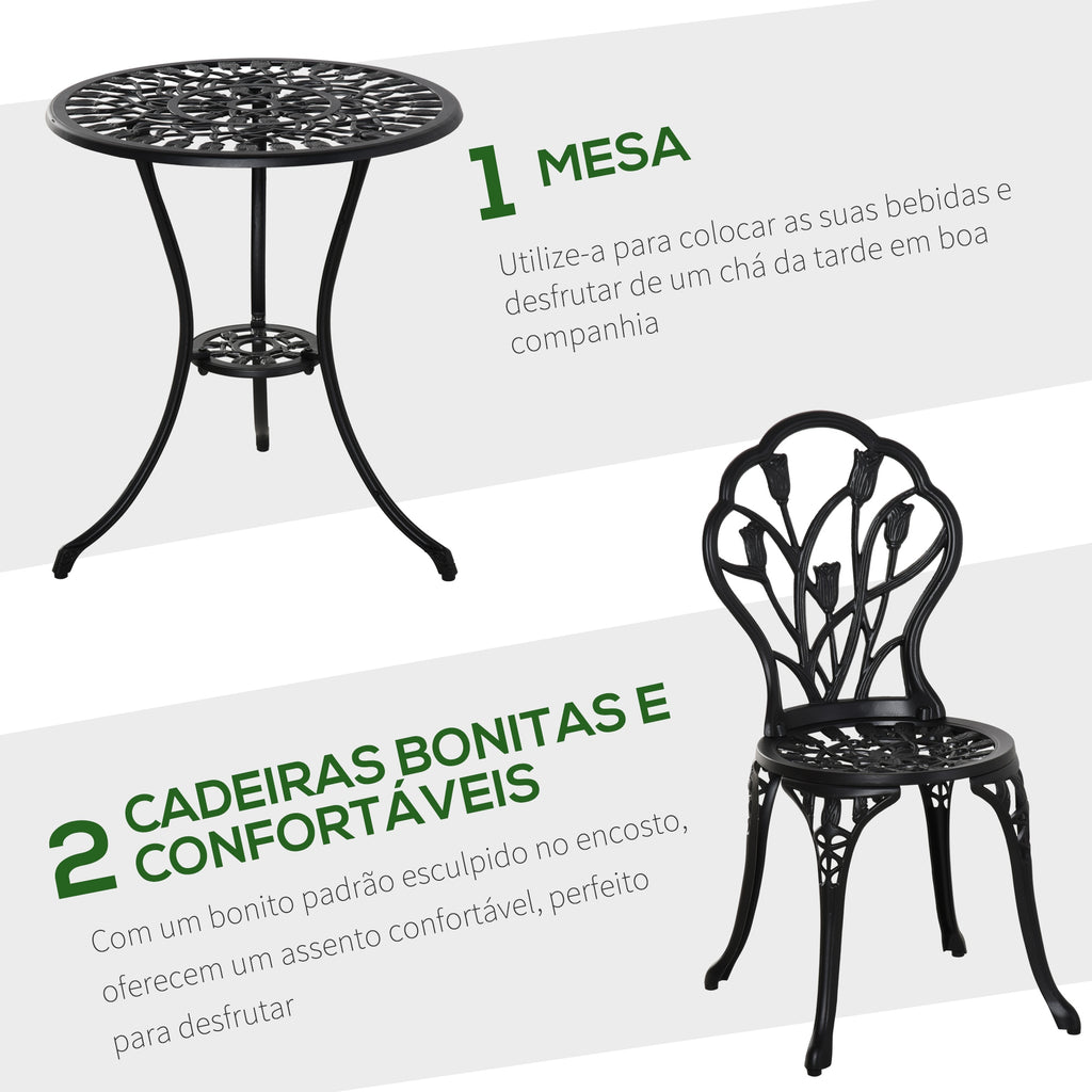 Conjunto de Mesa e Cadeiras de Exterior de 3 Peças Móveis de Jardim de Alumínio com Encosto com Padrão de Tulipa e Mesa com Orifício para Chapéu de Sol Preto — foto 4