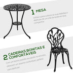 Conjunto de Mesa e Cadeiras de Exterior de 3 Peças Móveis de Jardim de Alumínio com Encosto com Padrão de Tulipa e Mesa com Orifício para Chapéu de Sol Preto — foto 4