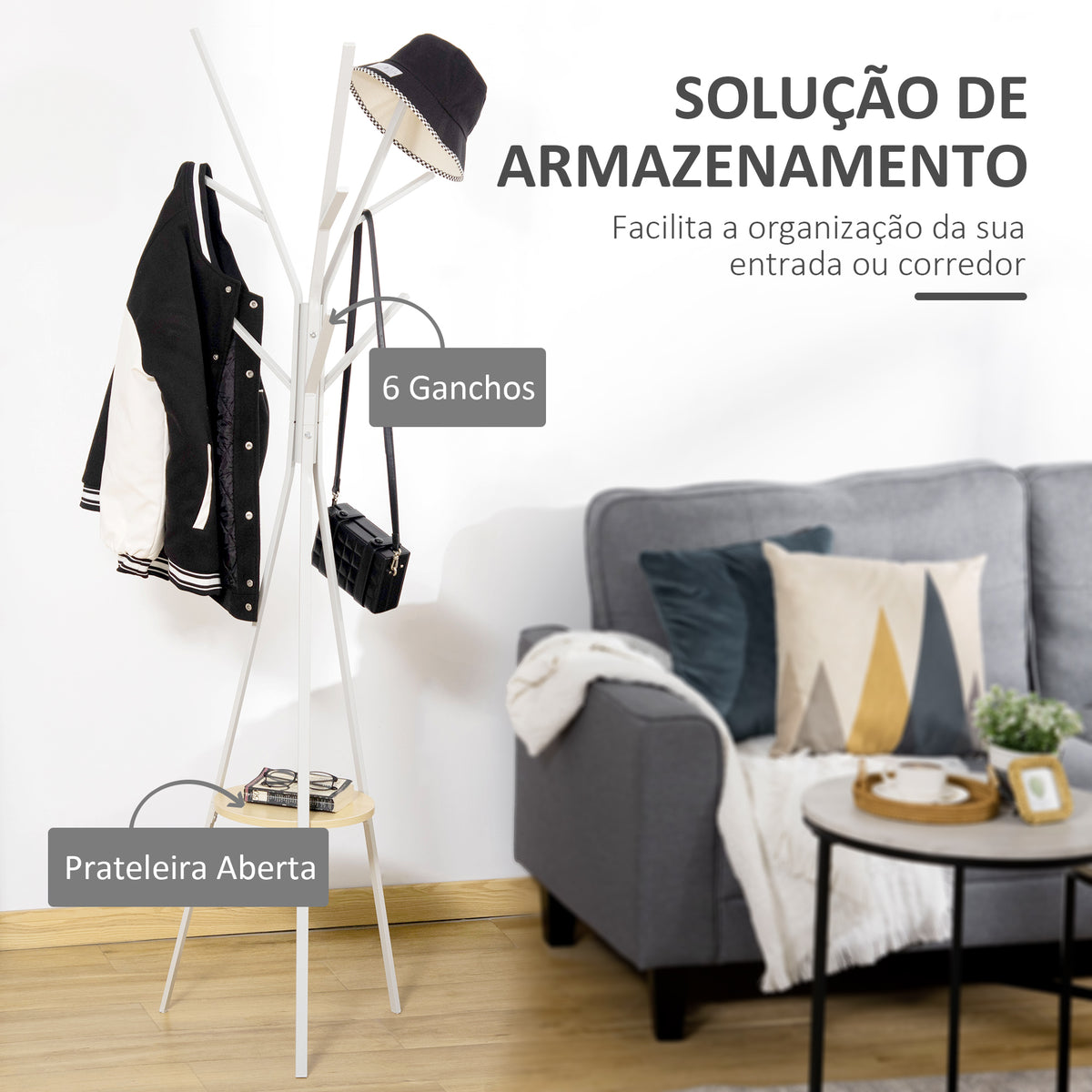 Cabide de Pé Metálico para Pendurar Roupa Bolsas com 9 Ganchos e Prateleira Cabide de Pé Moderno 45x45x180 cm Branco — foto 4