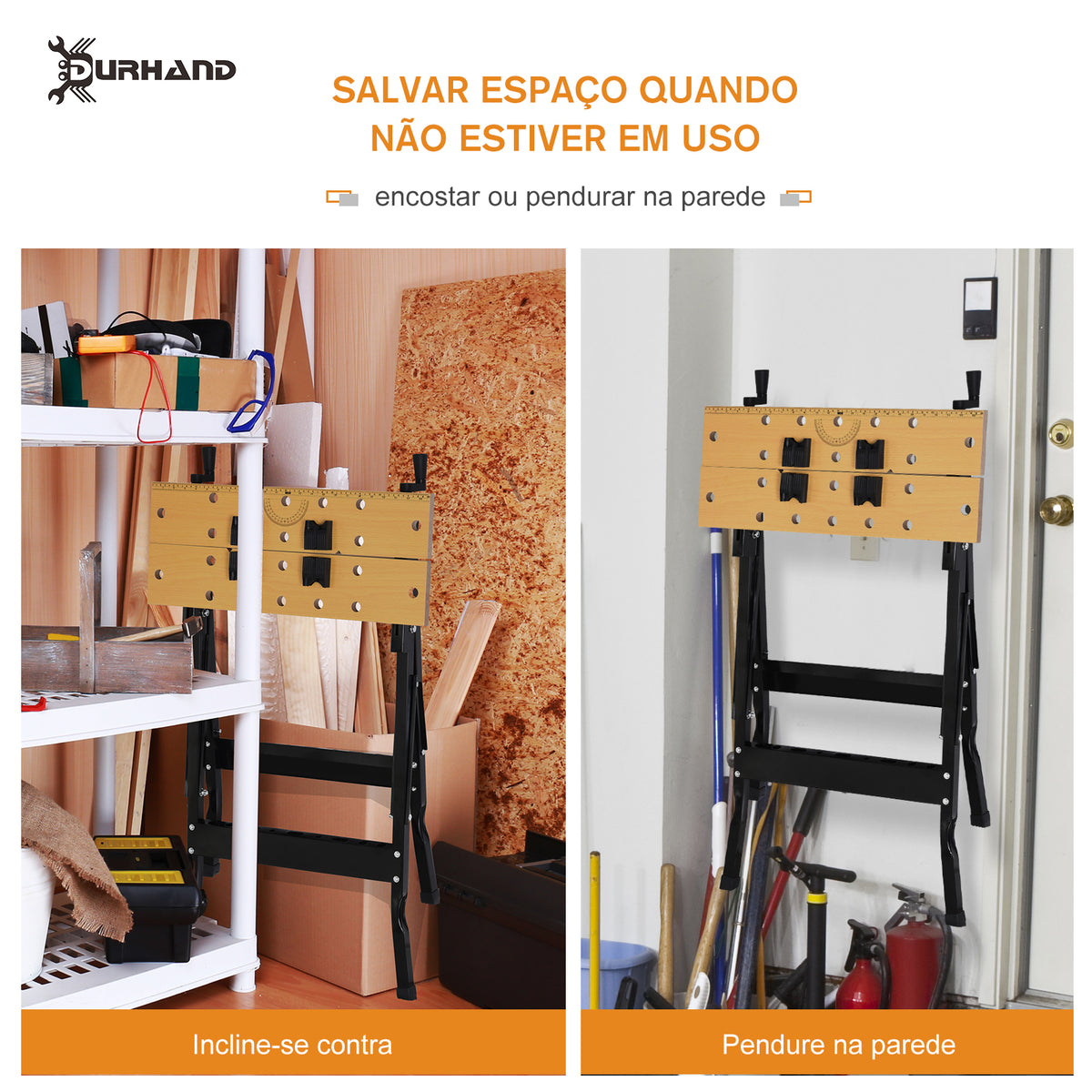 Amazonas: Bancada de trabalho dobrável Mesa de trabalho portátil com 4 grampos Buracos para serra Uso doméstico Ferro para trabalhar madeira Suporte para MDF 70 kg 56x62x75 cm Natural Preto — foto 6