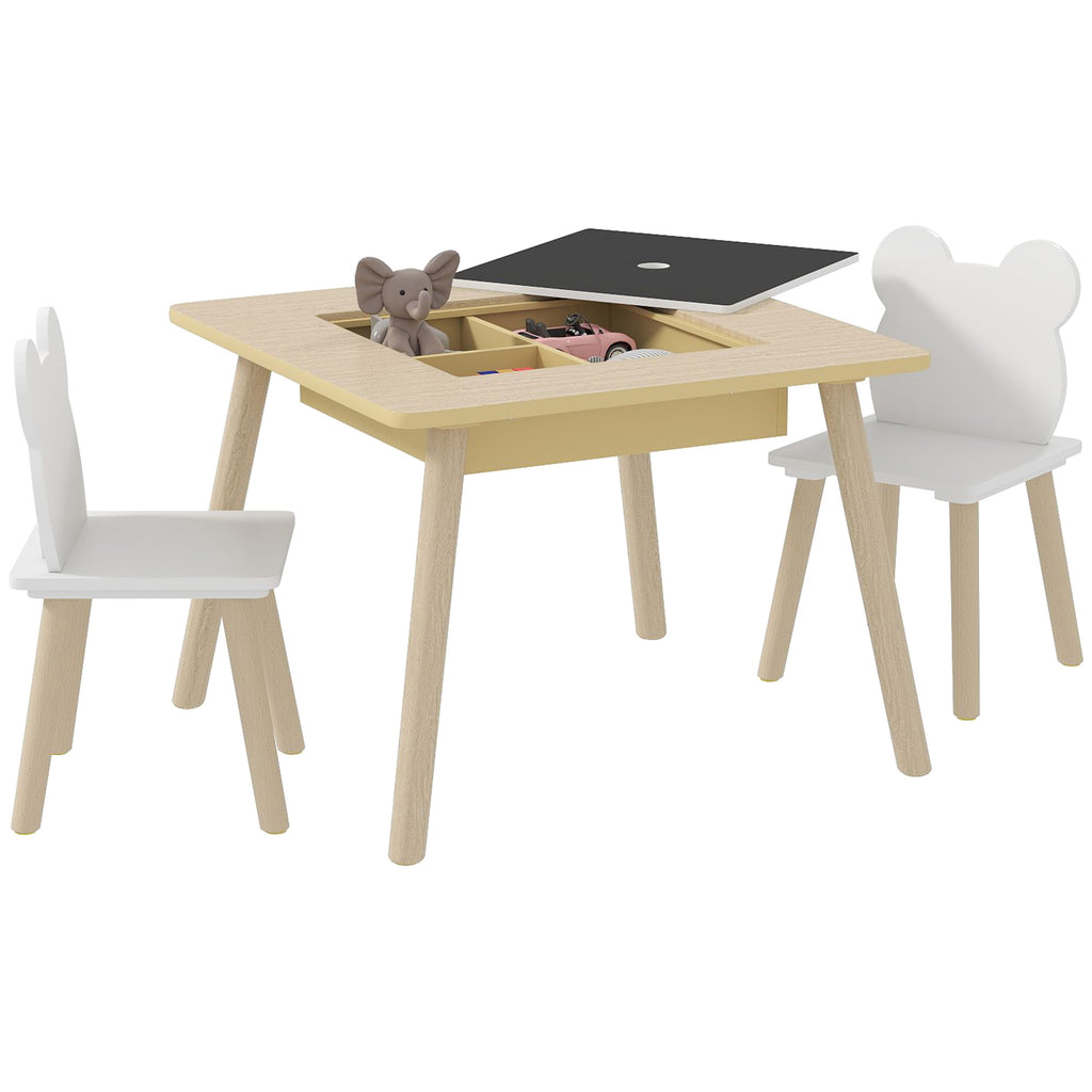 Conjunto de Mesa e 2 Cadeiras de Madeira Mesa Infantil com Cadeiras com Encosto em Forma de Ursinho e Compartimentos Ocultos para Crianças para Escola Infantil Quarto Madeira e Branco — foto 1