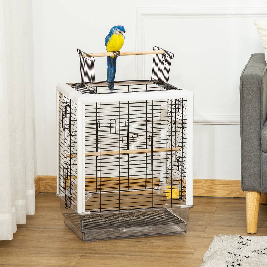 Gaiola para Passáros Gaiola com Teto com Abertura 2 Comedouros 2 Poleiros Bandeja Removível Acrílica e Alça de Transporte para Periquitos Canario 47x35x57,5cm Branco e Preto — foto 2