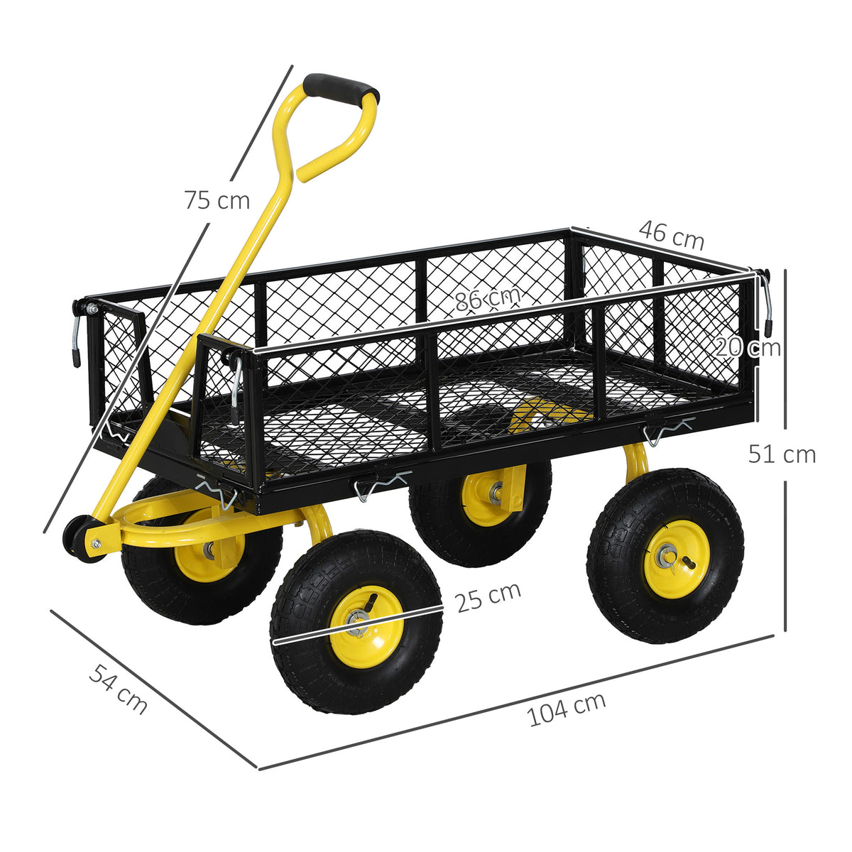 Carrinho de Jardim Carga 200 kg Carrinho de Praia com Paineis Laterais Desmontáveis Guiador Giratório 180° e 4 Rodas Grandes de Borracha Preto e Amarelo — foto 3