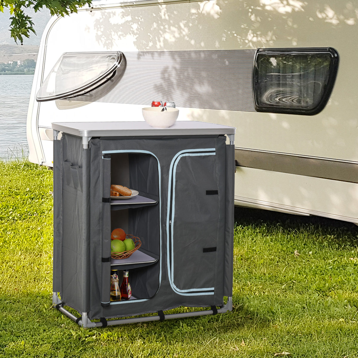 Armário de Campismo Dobrável Móvel de Cozinha para Camping com 3 Prateleiras Compartimento com Porta de Fecho Estrutura de Alumínio e Bolsa de Transporte para Exterior 96x49,5x104 cm Cinza — foto 2