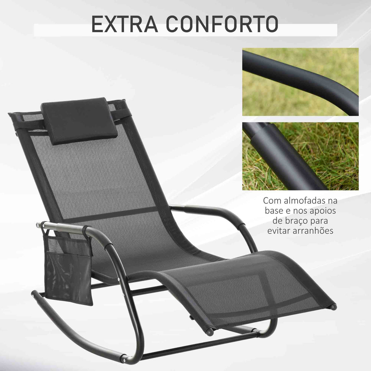 Espreguiçadeira Baloiço de Exterior com Braços Apoio de Cabeça Acolchoado e Bolso Lateral Carga 120 kg para Jardim Terraço Pátio 150x62x88 cm Preto — foto 7