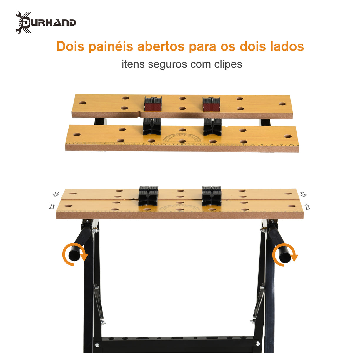 Amazonas: Bancada de trabalho dobrável Mesa de trabalho portátil com 4 grampos Buracos para serra Uso doméstico Ferro para trabalhar madeira Suporte para MDF 70 kg 56x62x75 cm Natural Preto — foto 7