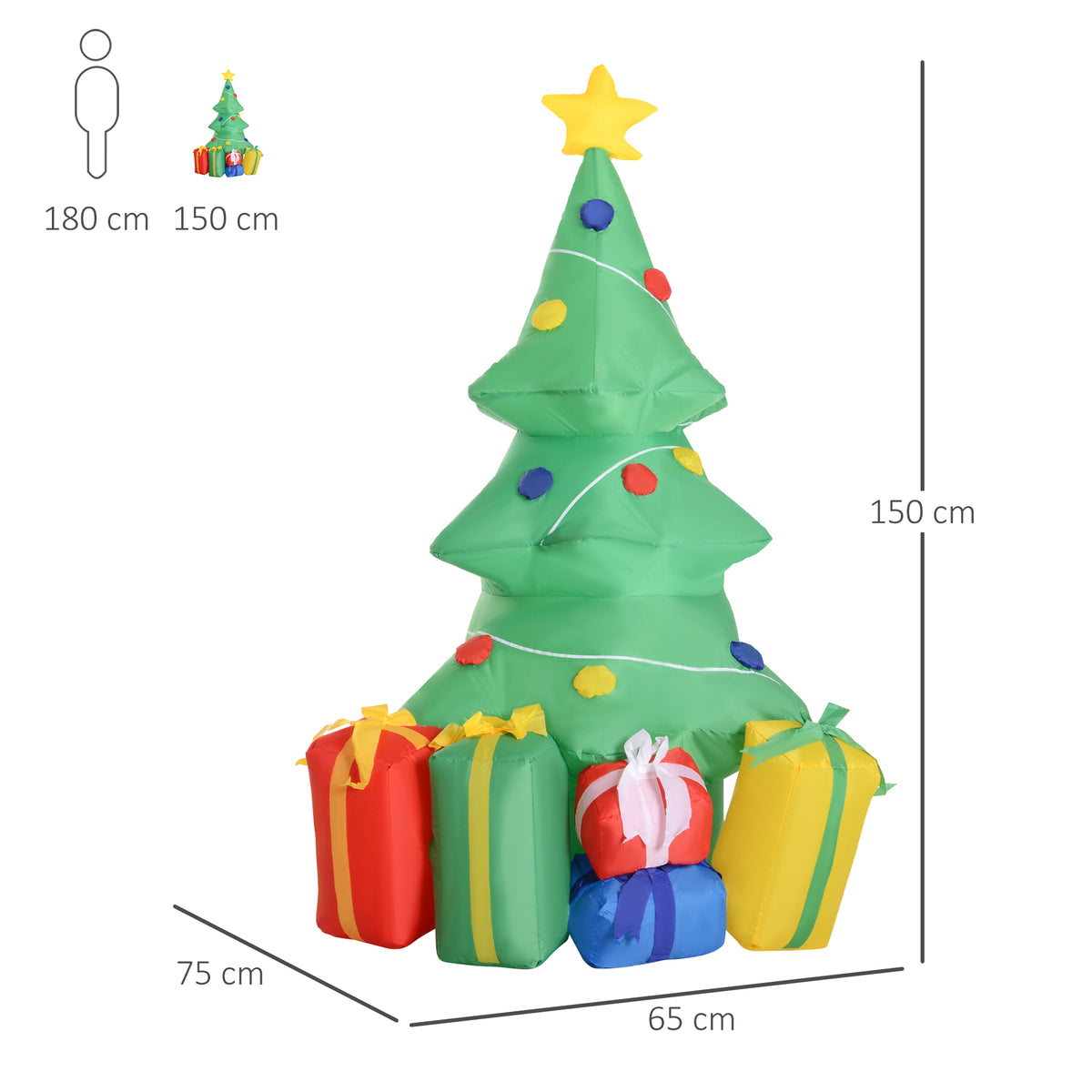Árvore de Natal Insuflável 1,5 m Árvore Decorativa de Natal com Decorações e Luzes LED Insuflável de Natal 65x75x150 cm Multicor — foto 3