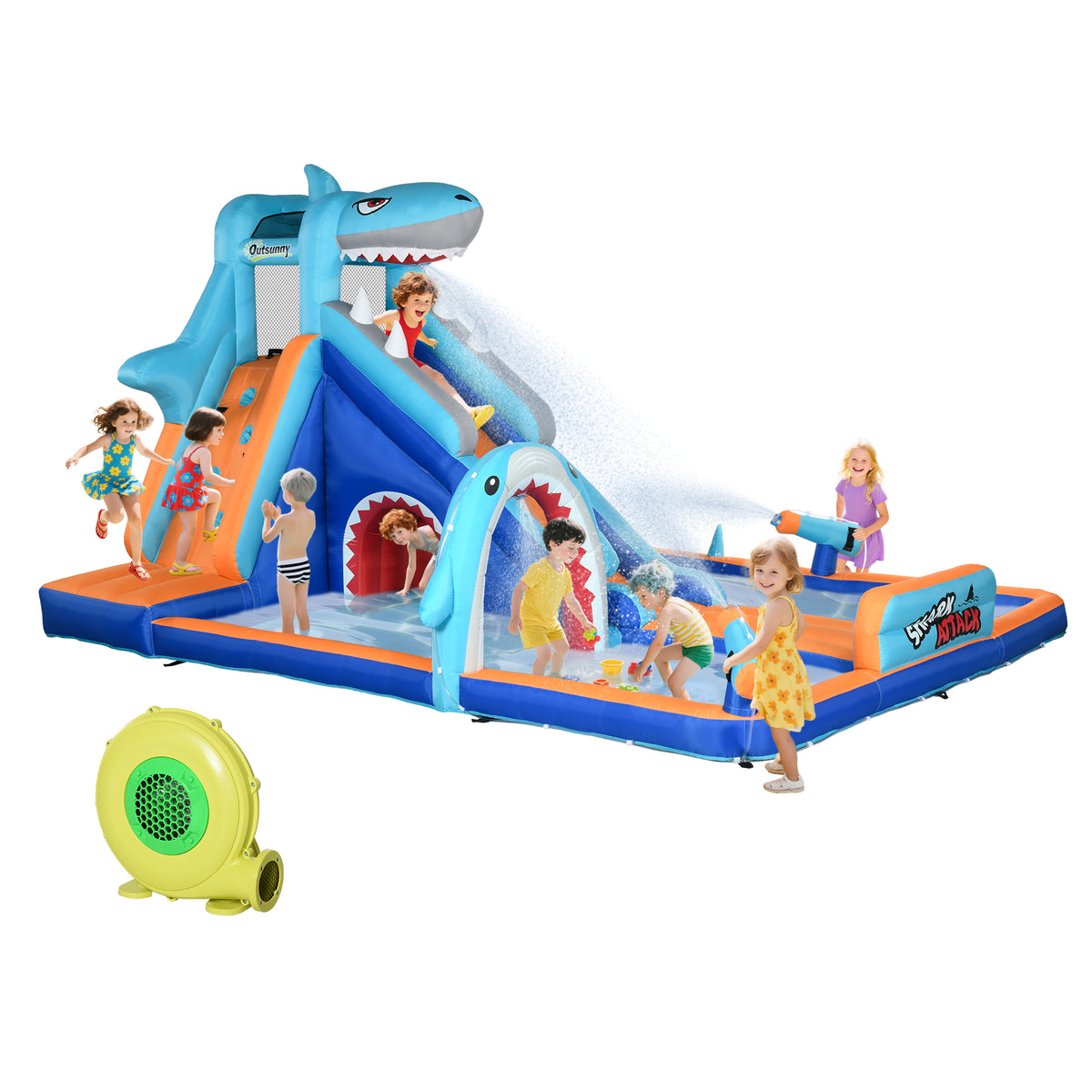 Castelo Insuflável Infantil 6 em 1 Castelo Insuflável para Crianças com Escorrega Piscina Parede de Escalada Canhão de Água e Bolsa de Transporte 440x350x240 cm Multicolor — foto 1