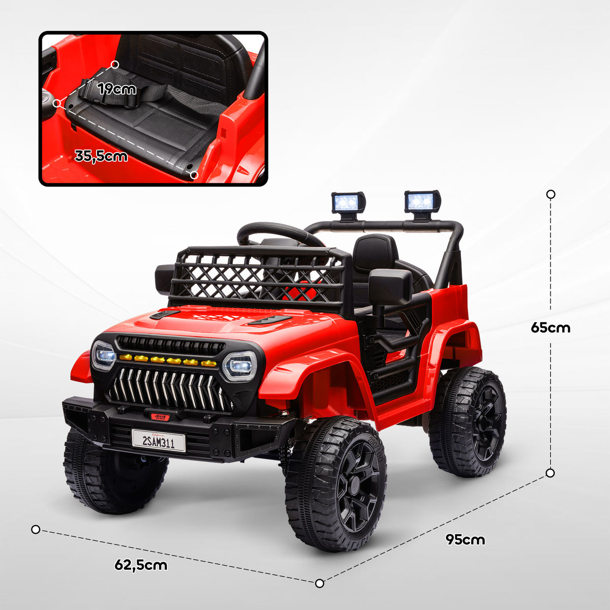 Carro Elétrico para Crianças acima de 3 Anos Carro Elétrico Infantil UTV Carro a Bateria 12V com Controlo Remoto Velocidade Ajustável USB Faróis e Buzina 95x62,5x65 cm Vermelho — foto 3